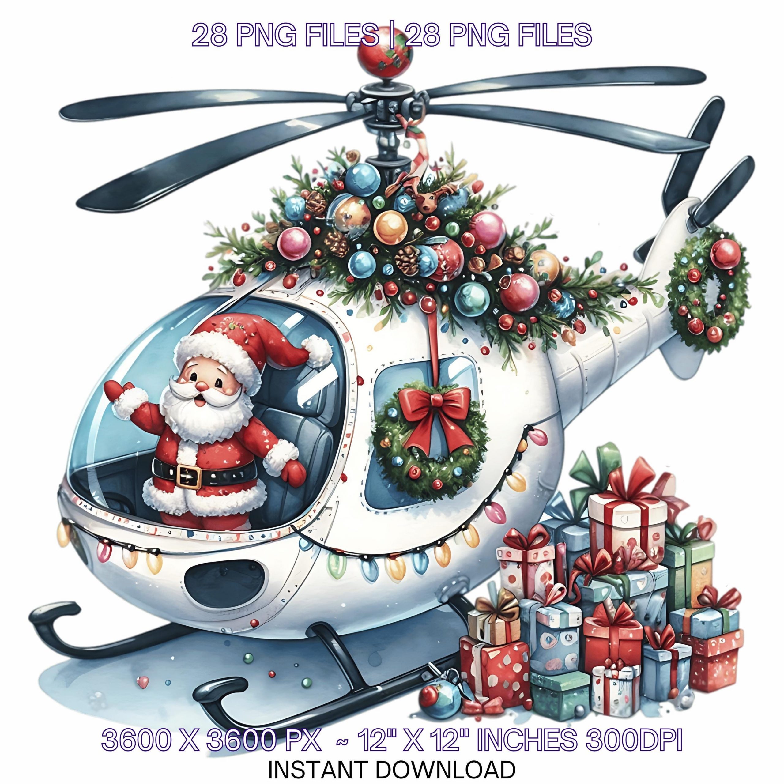 28 Merry Christmas Santa Helicopter with Gifts PNG Clipart | Watercolor Xmas Santa Sack for Boys T-Shirt Sublimation Design Commercial Use – Instant Digital Download