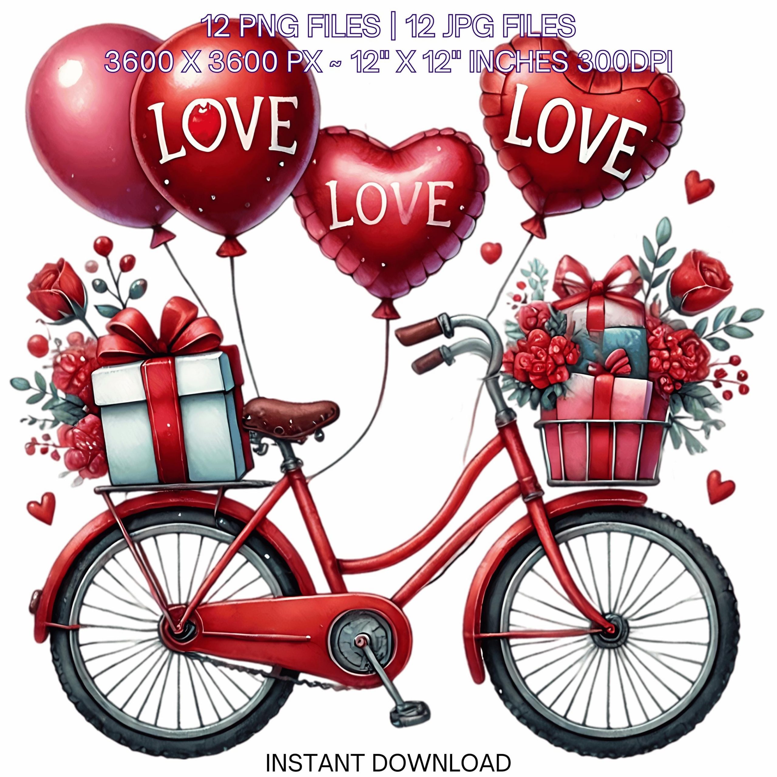 Cycling Clipart PNG | Valentine’s Day Girl Biker | 12 Valentine Watercolor Bicycle In Love for Lovers and Couples Sublimation Commercial Use – Instant Digital Download