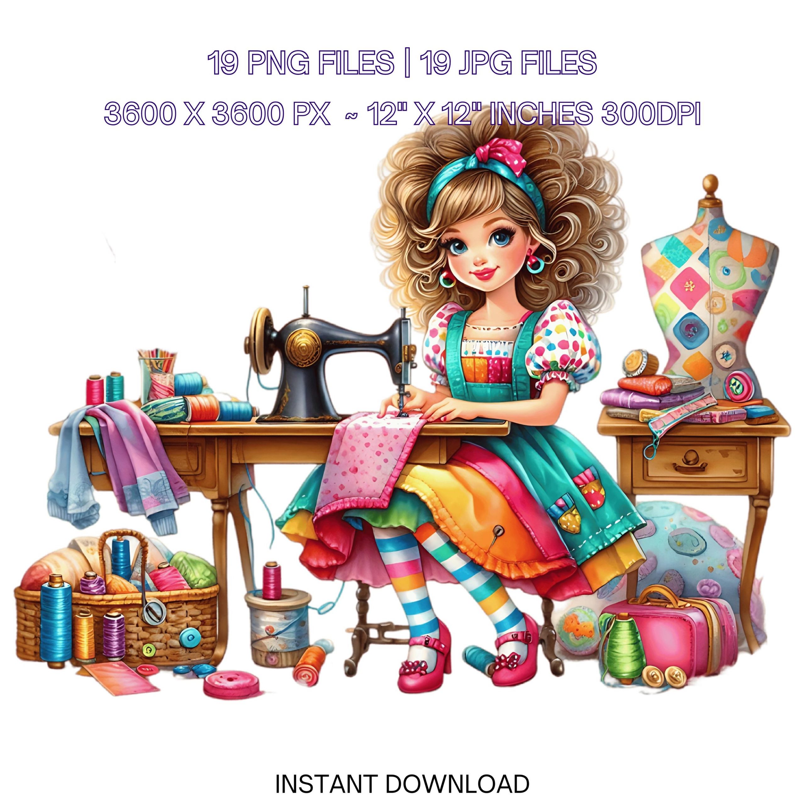 19 Quirky Sewing Girl Clip Art PNG | Watercolor Sewing Teen for Junk Journaling Card Making, Fantasy, Whimsical Sublimation Commercial Use – Instant Digital Download
