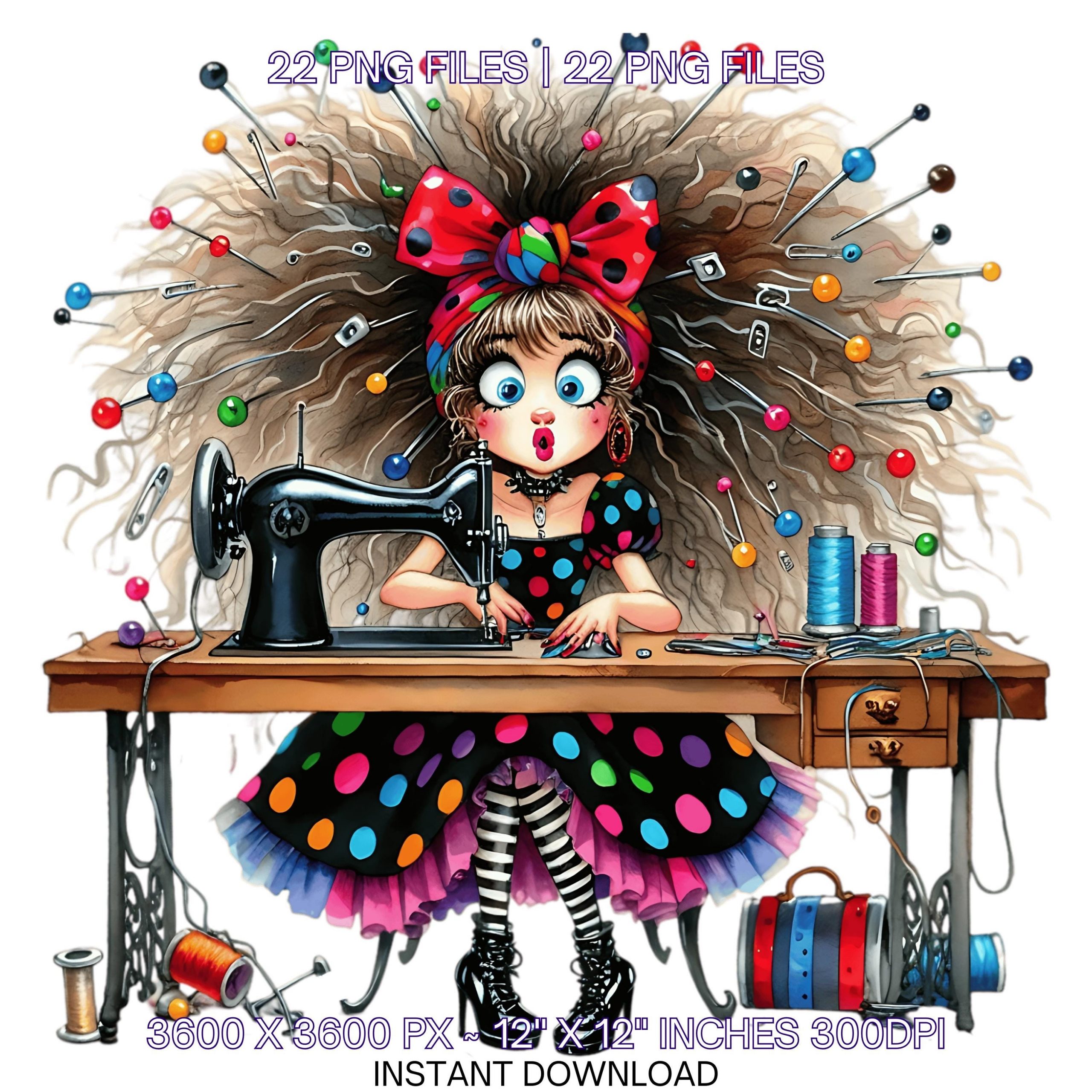 20 Quirky Sewing Girl Clip Art PNG | Watercolor Freeze Messy Girl Junk Journaling Card Making, Fantasy, Whimsical Sublimation Commercial Use – Instant Digital Download