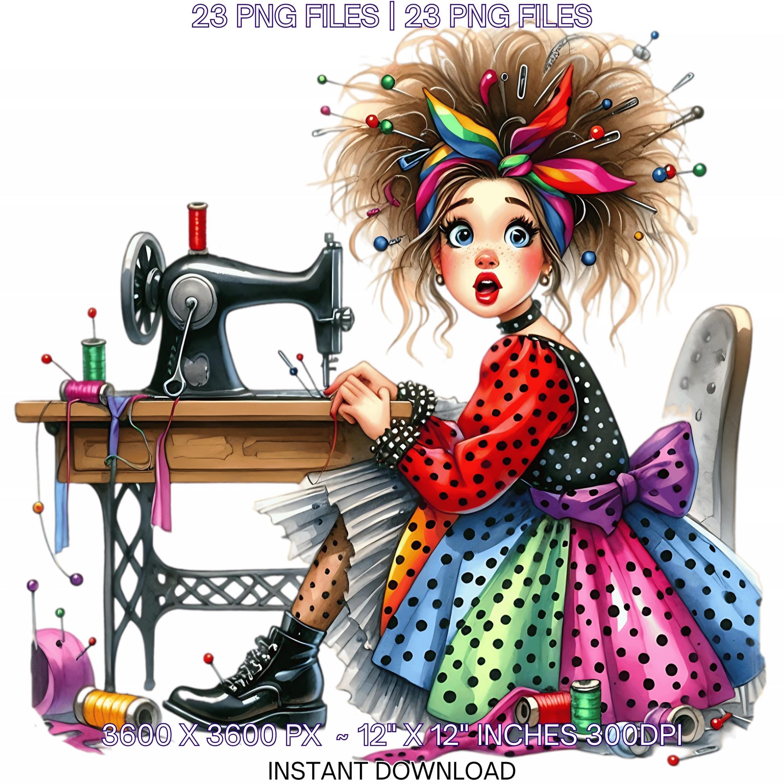 23 Quirky Sewing Girl Clip Art PNG | Watercolor Freeze Messy Girl Junk Journaling Card Making, Fantasy, Whimsical Sublimation Commercial Use – Instant Digital Download