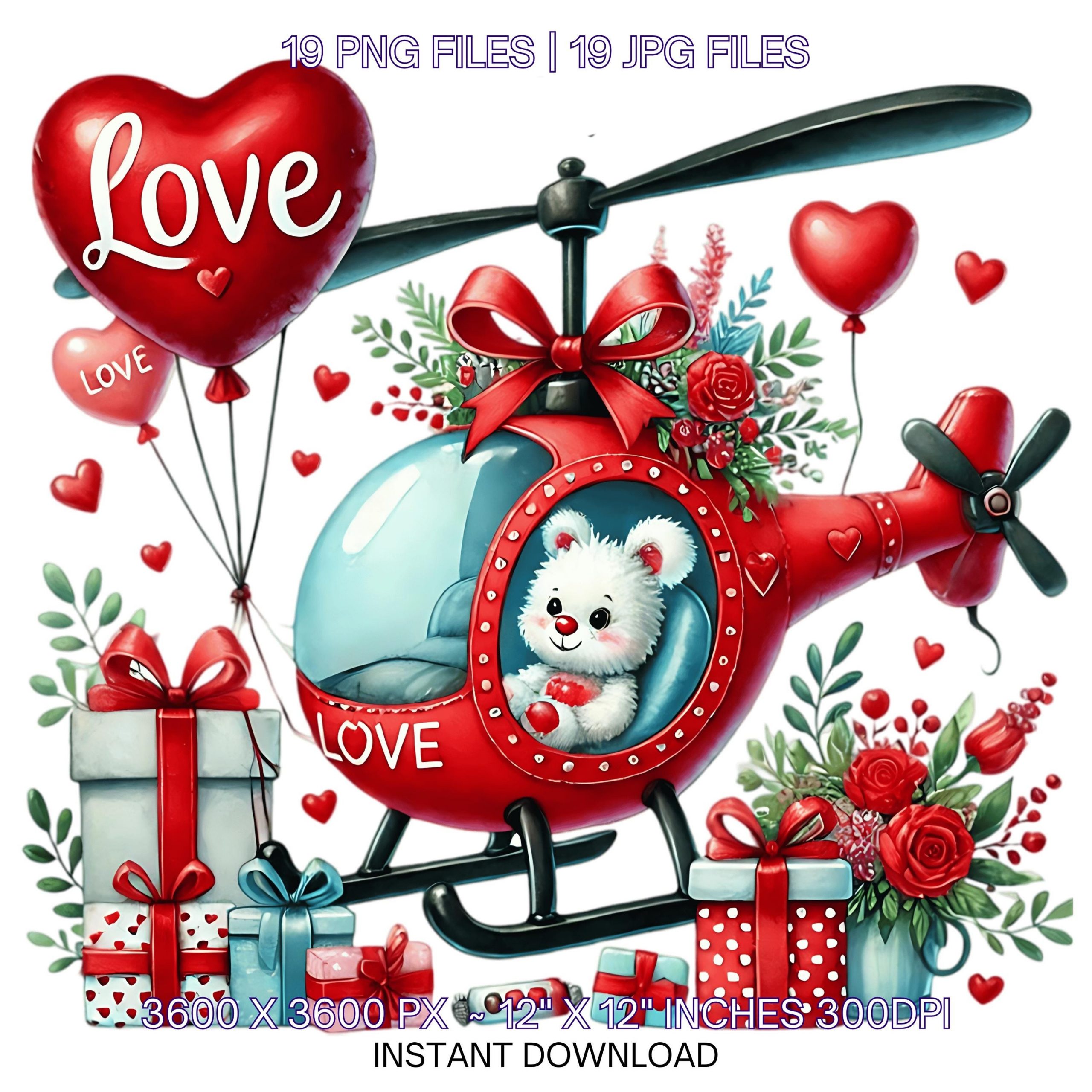 19 Valentine Helicopter Trip with Red Balloons and Gifts PNG Clipart | Lovers Chopper | Watercolor Couple In Love Sublimation Commercial Use – Instant Digital Download