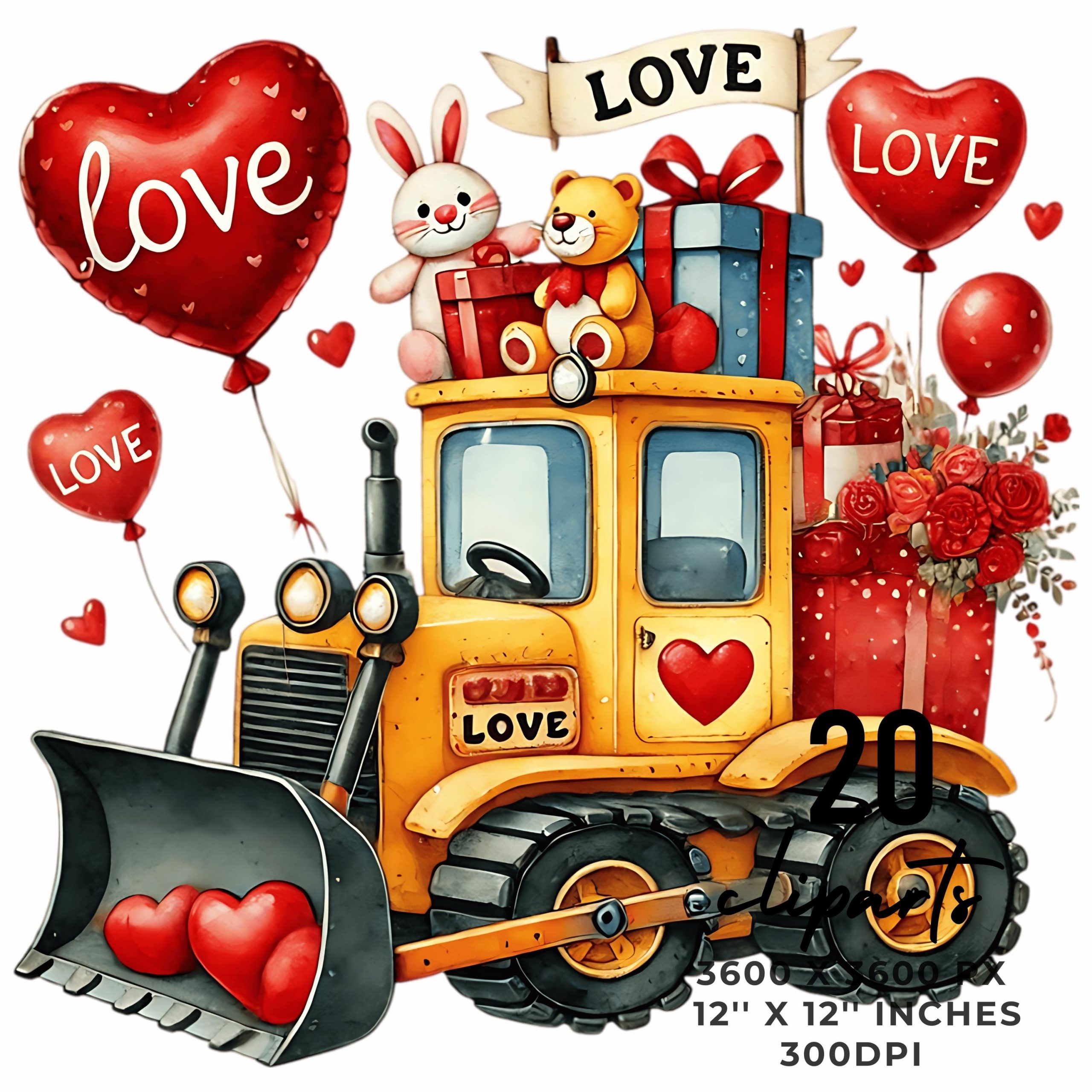 Love BULLDOZER Clipart PNG | 20 Watercolor Construction Bulldozer for Boys | Love Bulldozer Vehicle Cars Valentine PNG Commercial Use – Instant Digital Download