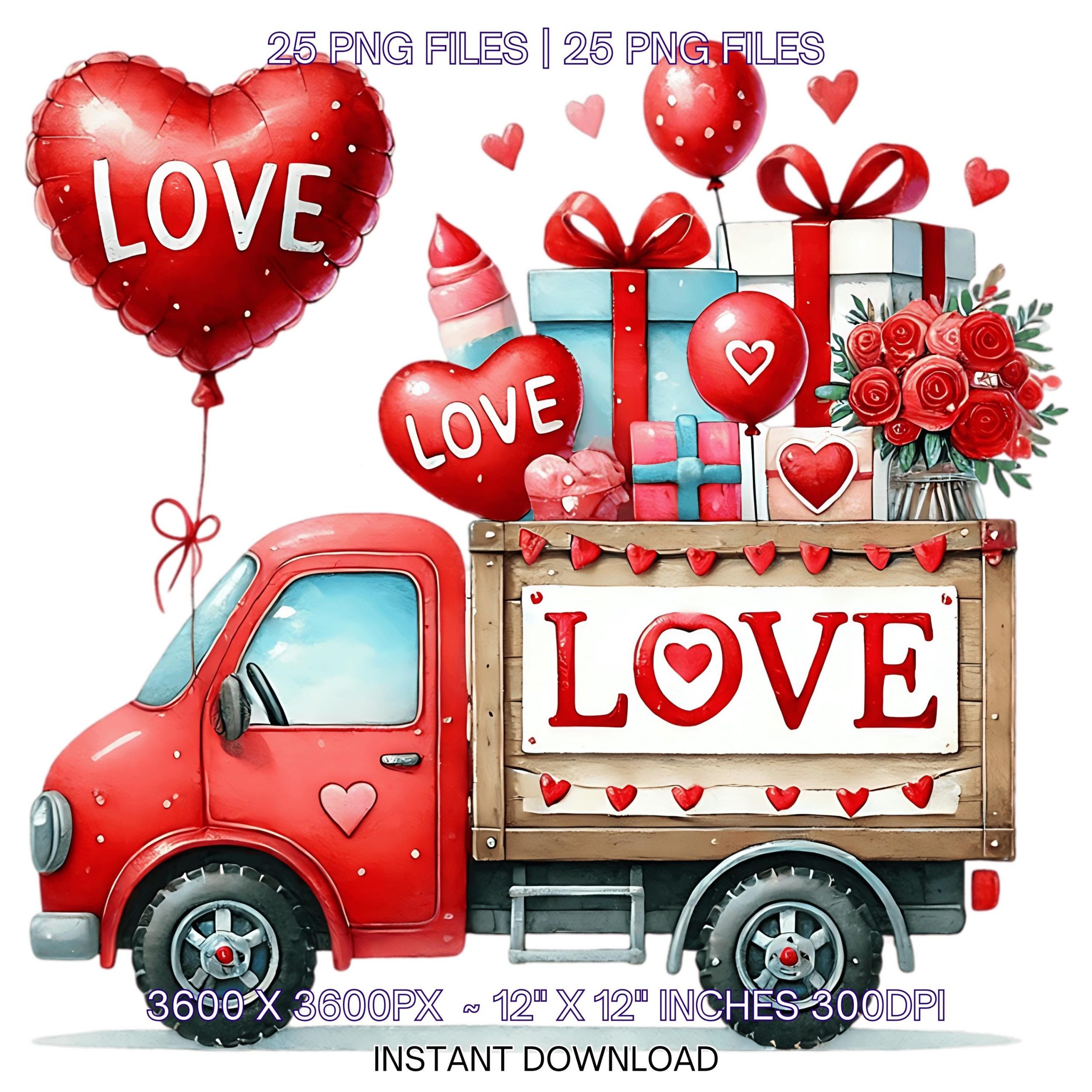 Truck Clipart PNG | 25 Valentine Watercolor 4×4 Car for Boys | Love Off-road Vehicle Cars PNG | Valentine’s Day Truck | Commercial Use – Instant Digital Download