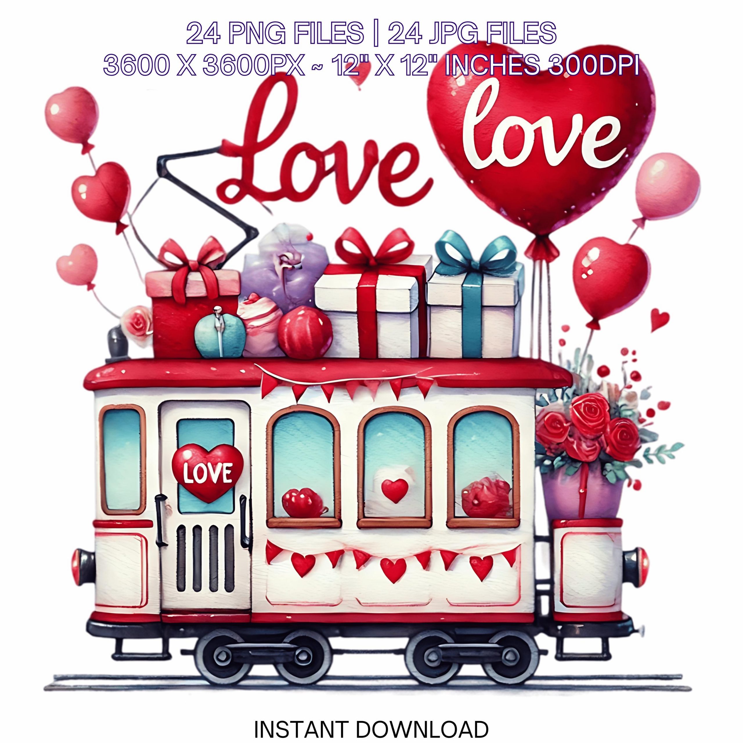 Tram Clipart PNG | Watercolor Trip Tram for Boys |  Lovers Tram | 24 Valentine’s Day Couple Vehicle Car Sublimation Commercial Use – Instant Digital Download