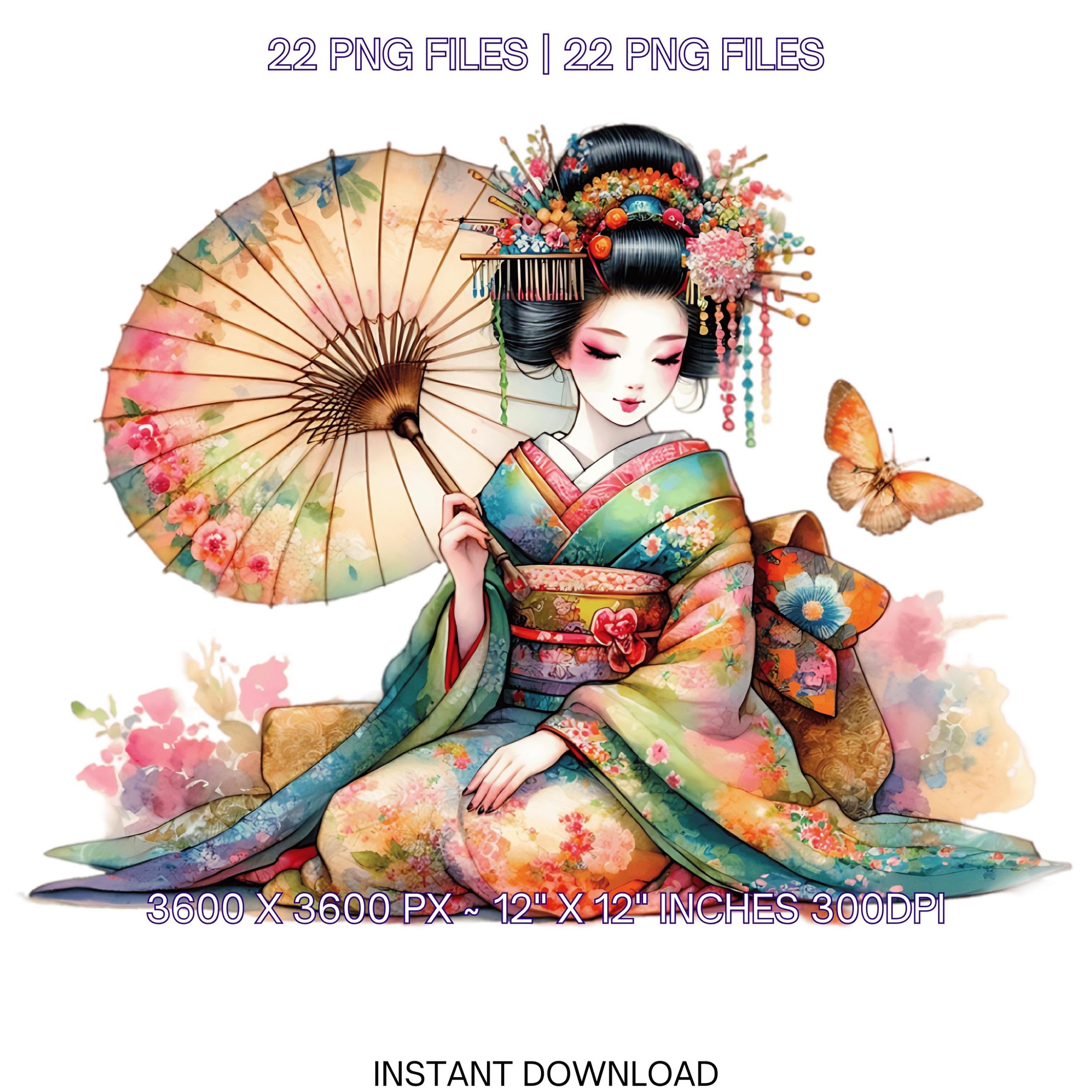 22 Quirky Geisha Clip Art PNG High Res Watercolor Fantasy, Whimsical for Sublimation, Junk Journaling, Scrapbooking, Card Making, Commercial – Instant Digital Download