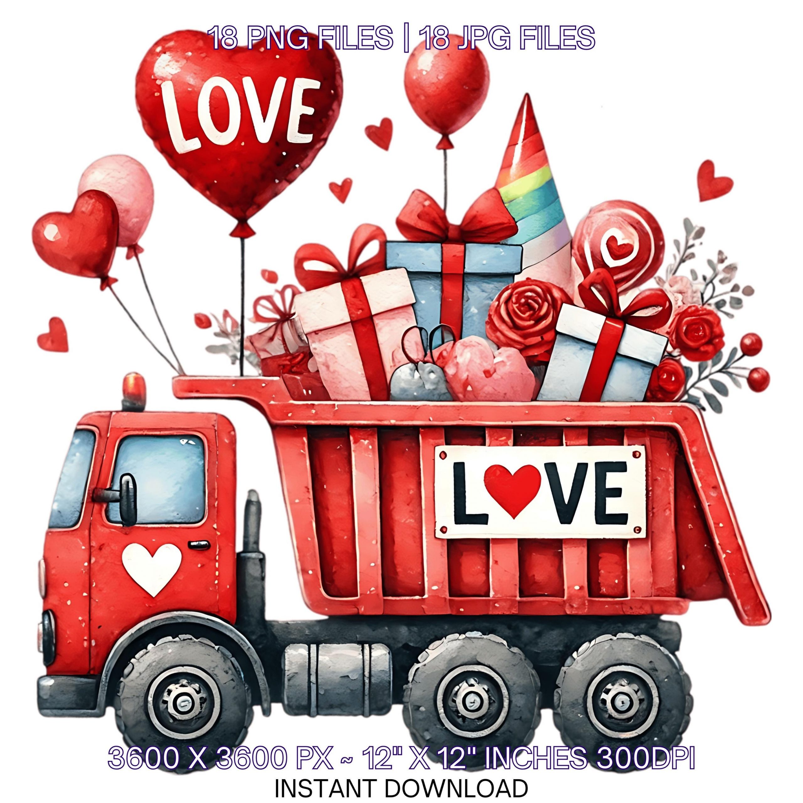 Dump Truck Clipart PNG | 18 Valentine Watercolor Construction Dump Truck for Boys | Love Dump Truck Vehicle Cars Png Commercial Use – Instant Digital Download