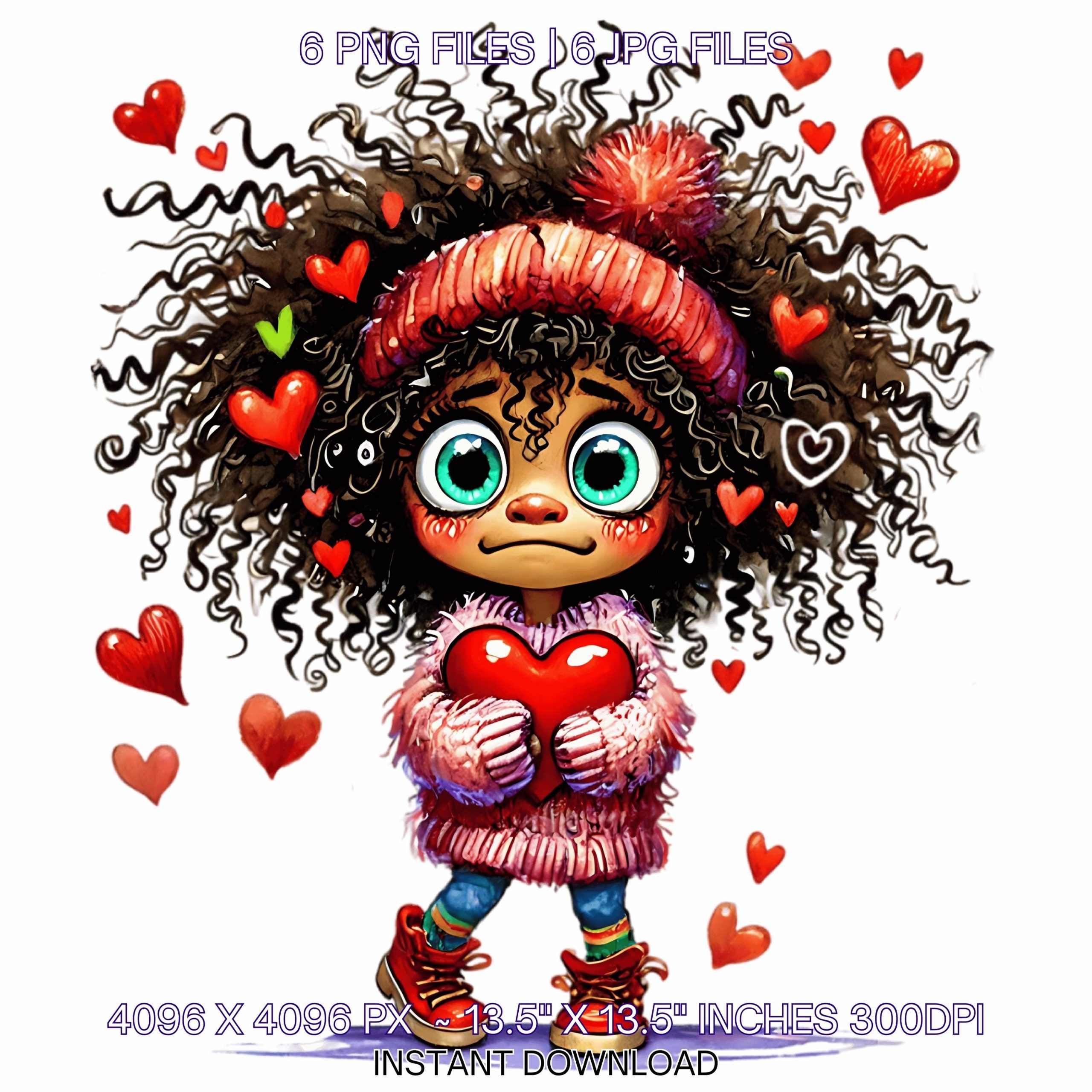Quirky Valentine Afro American Sad Girl Clipart | Whimsical Love 6 PNG & 6 JPG | Watercolor Sublimation Art | Commercial Use – Instant Digital Download