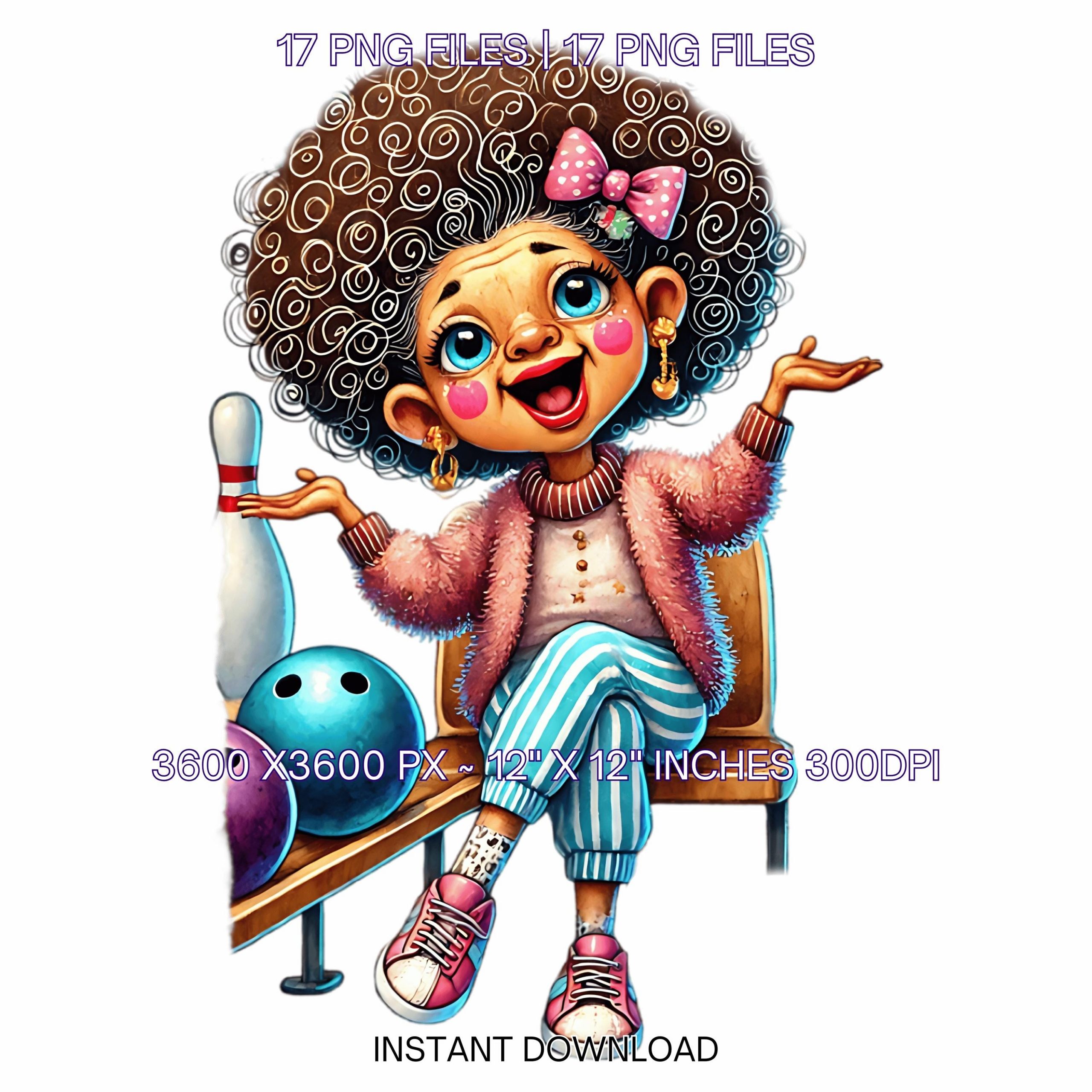 17 Elegant Crazy Grandma Bowling Day PNG Clipart | Funny Old Lady Cartoon | Bowling Ball, Happy Elder Black Woman Sublimation Commercial Use – Instant Digital Download