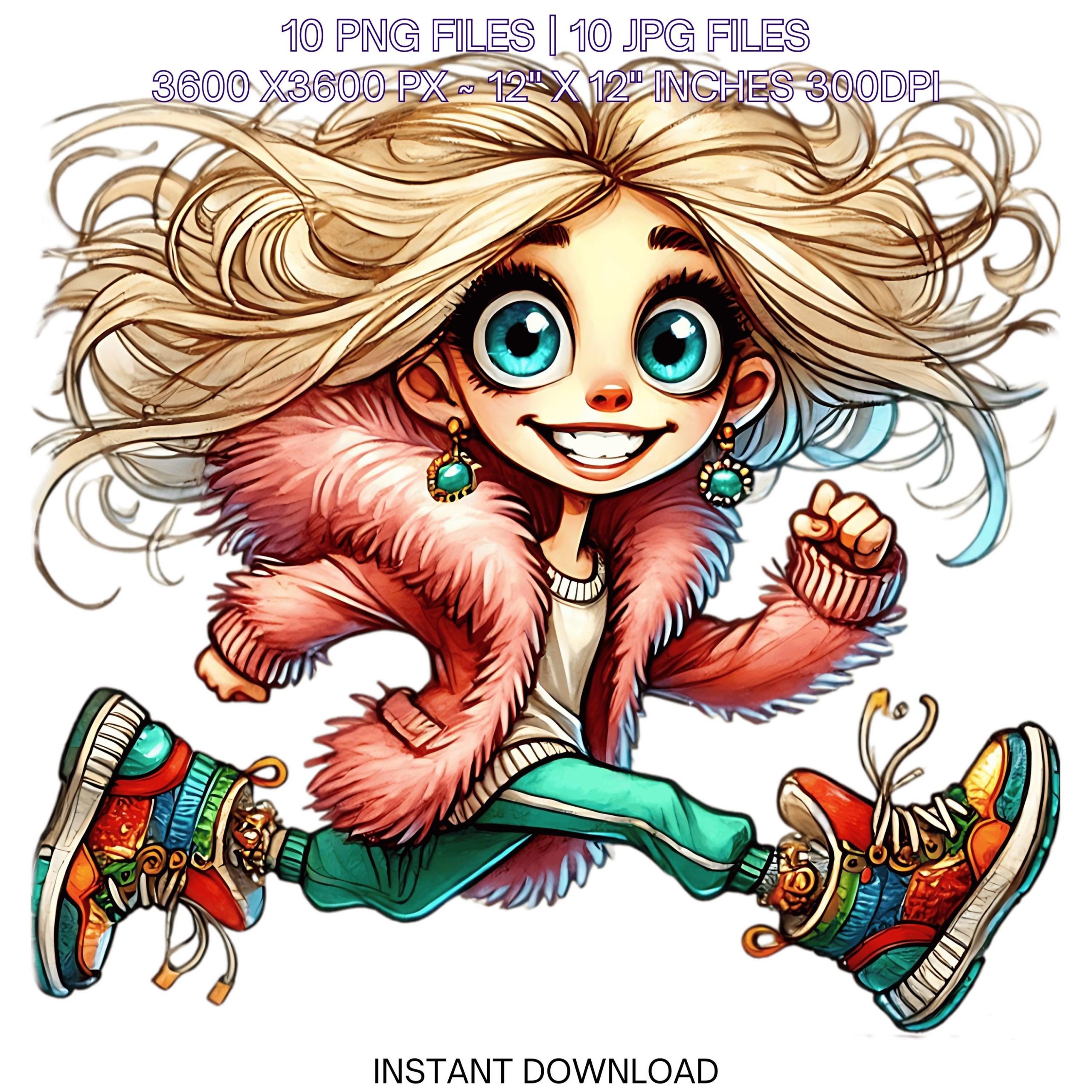 10 Crazy Quirky Girl Running Day PNG Clipart | Funny Running Lady Cartoon | Running Happy Blonde Hair Woman Art Sublimation Commercial Use – Instant Digital Download