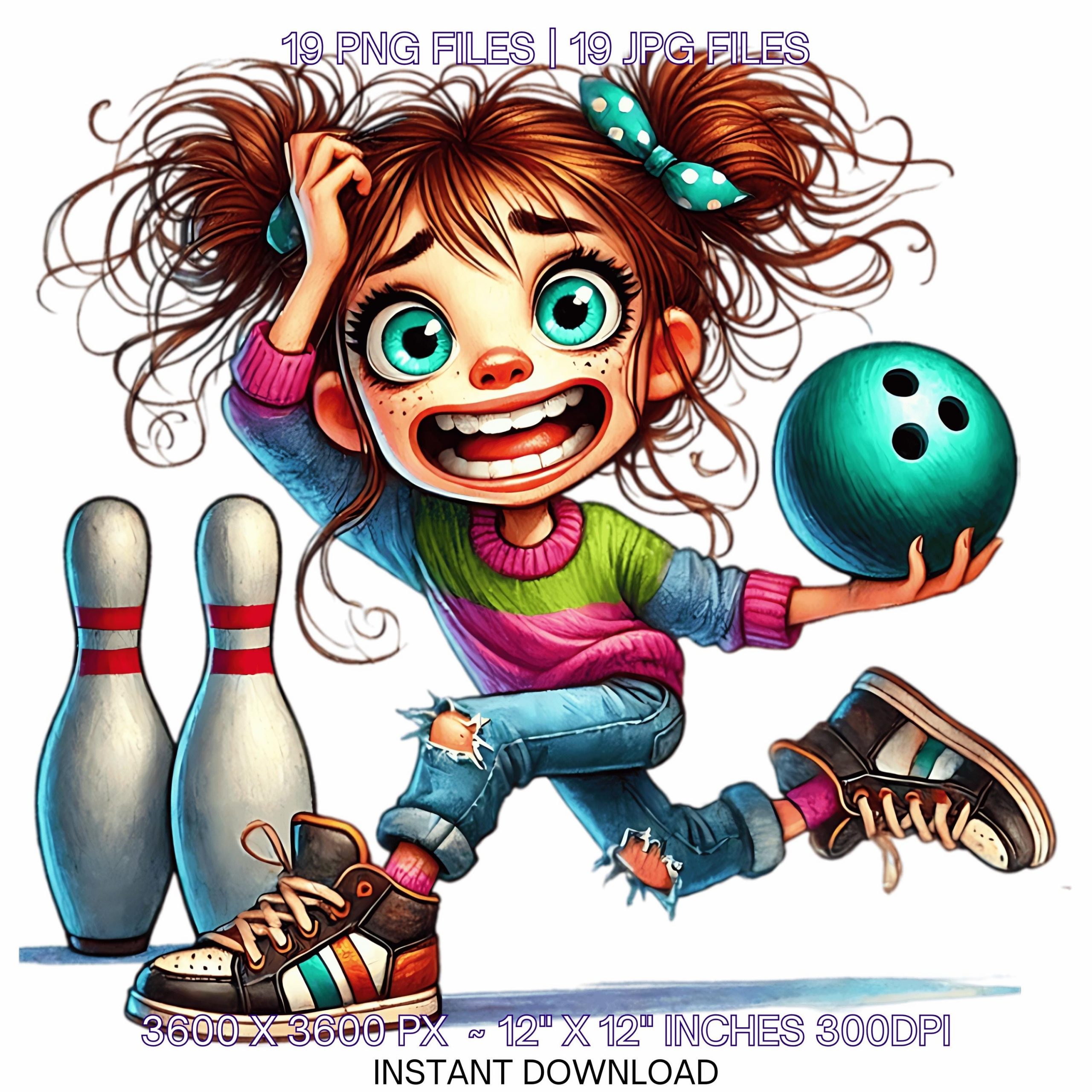 19 Crazy Quirky Girl Bowling Day PNG Clipart | Funny Bowling Ball Lady Cartoon | Happy White Girl Bowling Art Sublimation Commercial Use – Instant Digital Download