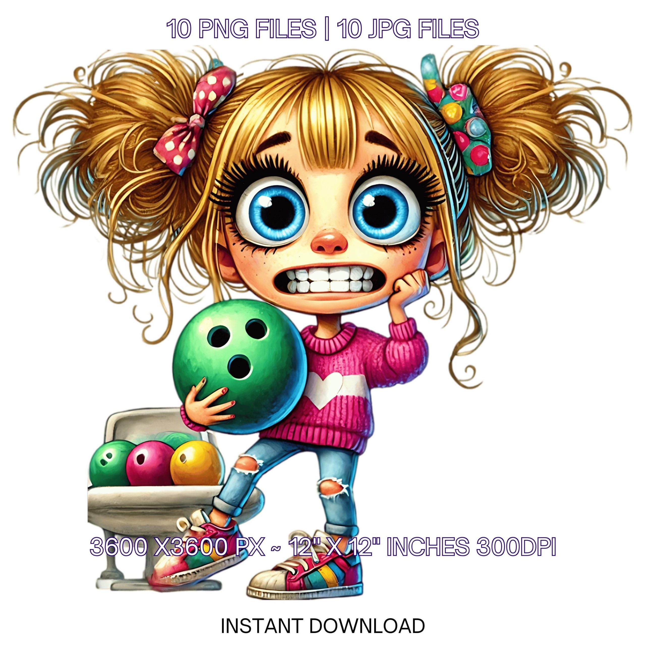 10 Crazy Quirky Blonde Girl Bowling Day PNG Clipart | Funny Bowling Ball Lady Cartoon | Happy Girl Bowling Art Sublimation Commercial Use – Instant Digital Download