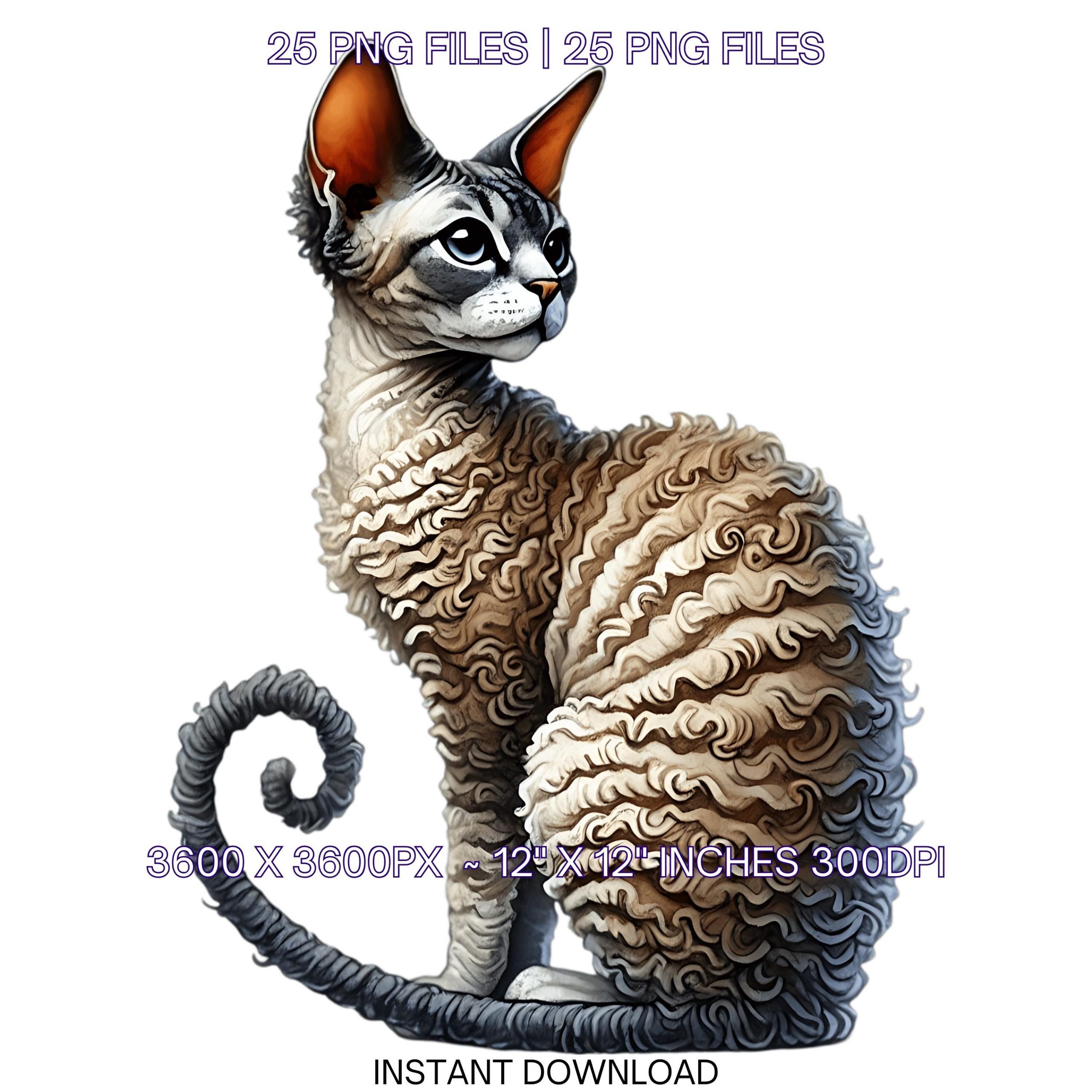 25 Devon Rex Cat PNG Clipart, Watercolor Cat as Pet for Pet Portrait, Card Making, Scrapbooking, Sublimation Illustrations Commercial Use – Instant Digital Download