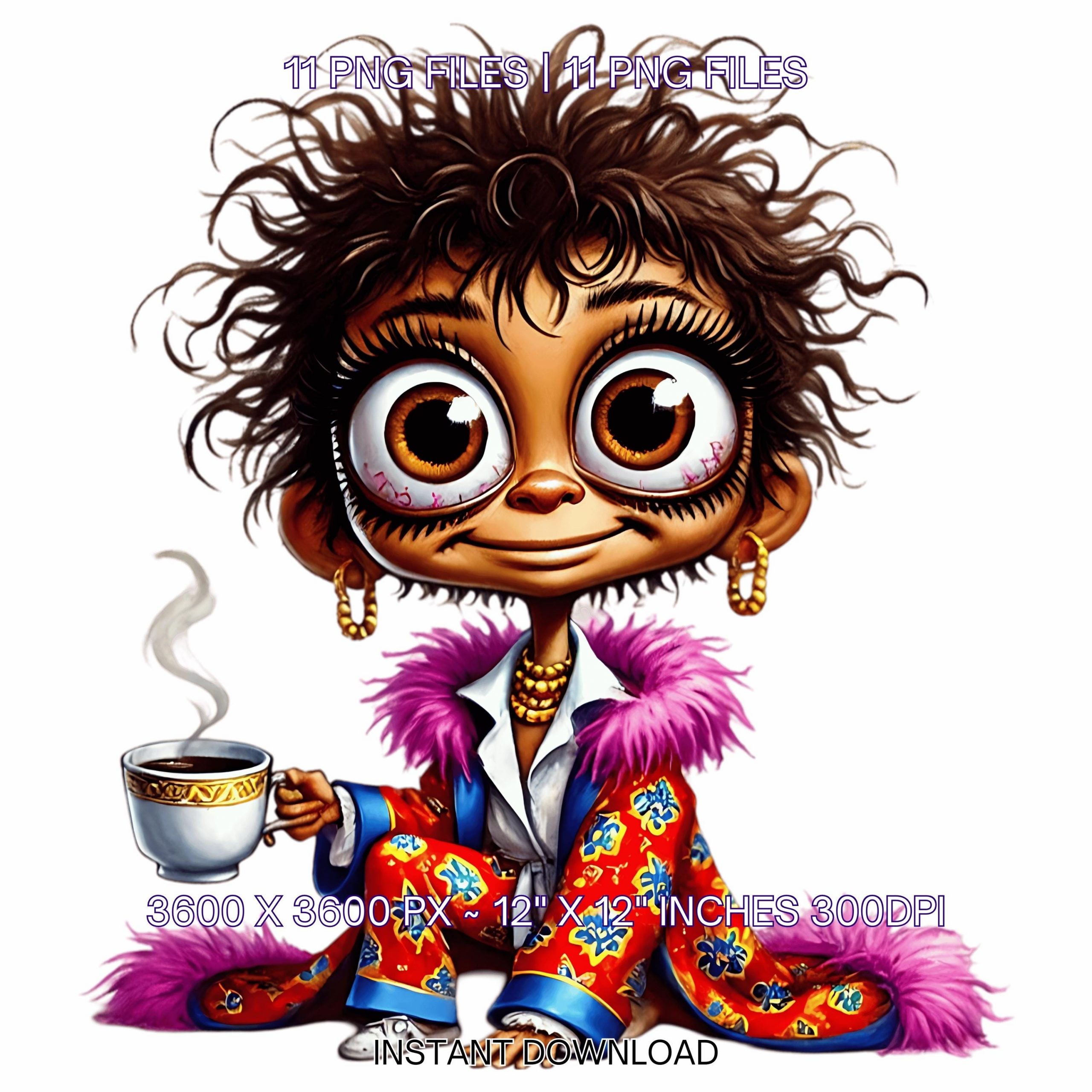 11 Crazy Coffee Girl in Pijama PNG | Funny Ladies Clipart | Cute Cartoon Morning Black Girl | Grumpy Coffee Woman Sublimation Commercial Use – Instant Digital Download