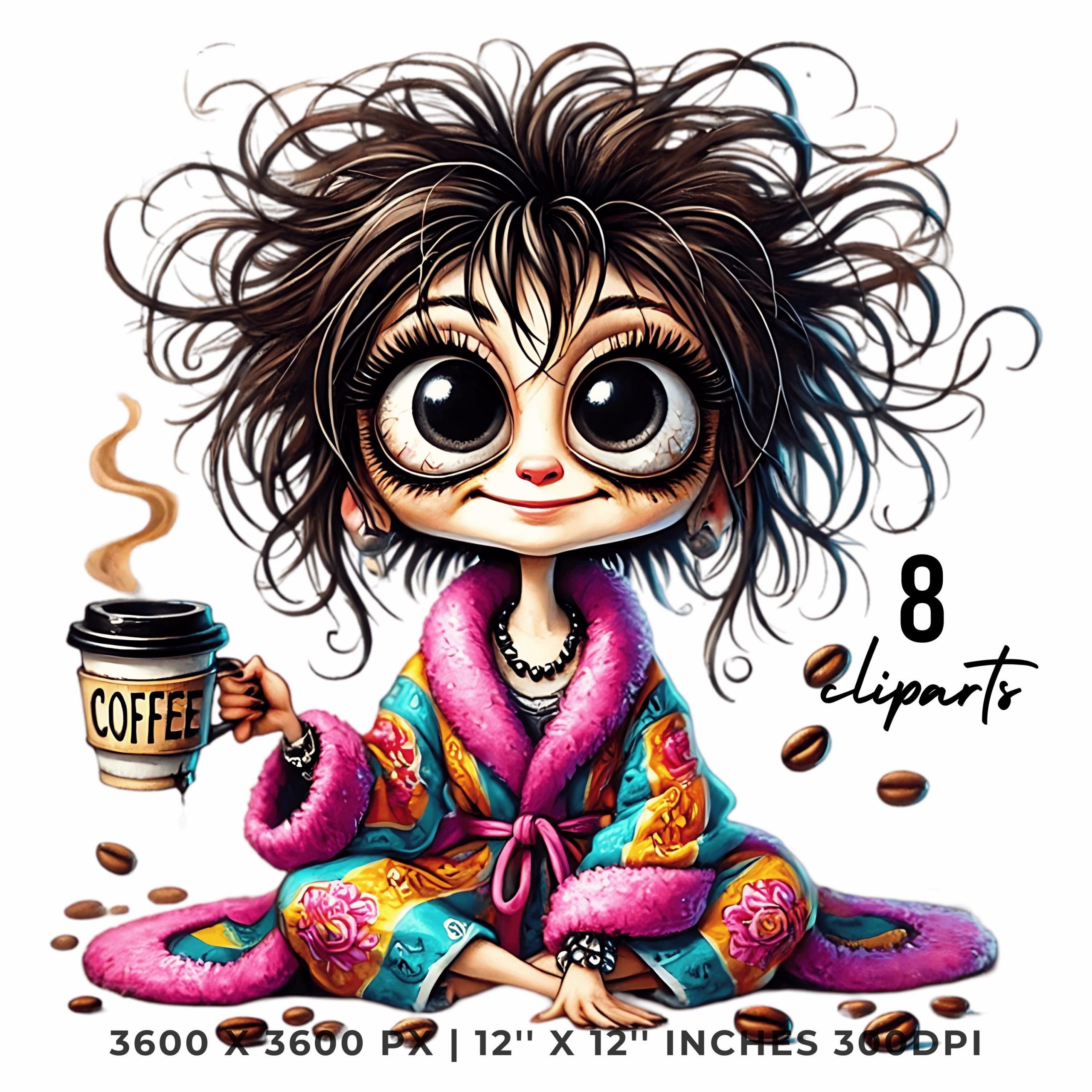 8 Crazy Coffee Woman in Pijama PNG Clipart | Funny Coffee Lady | Cute Morning Girl Cartoon | Grumpy Asian Woman Sublimation Commercial Use – Instant Digital Download