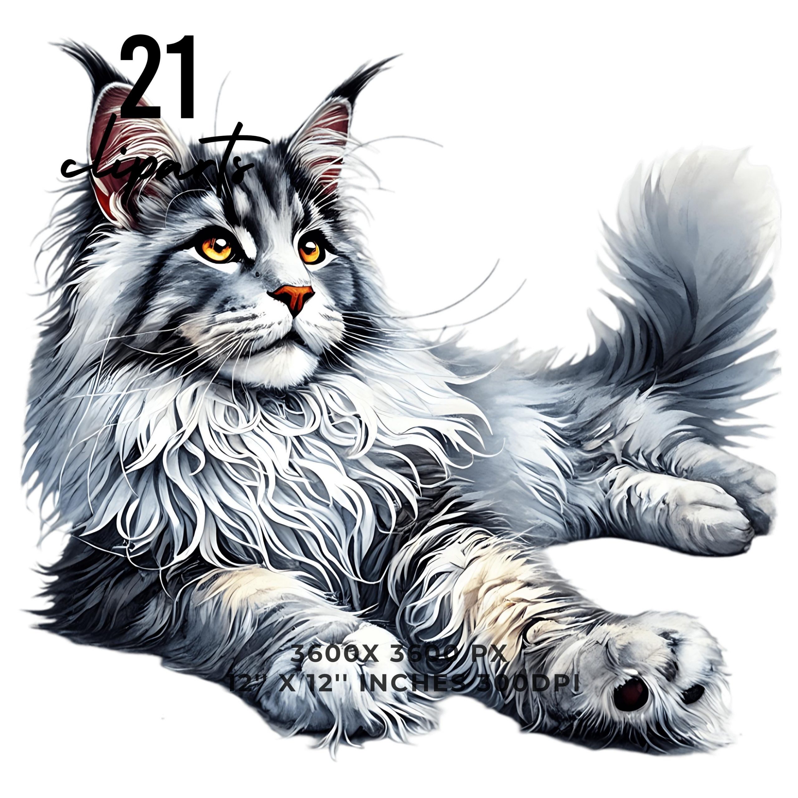 21 Maine Coon Cat PNG Clipart, Watercolor Cats for Pets Card Making, Scrapbooking Junk Journaling, Sublimation Illustrations Commercial Use – Instant Digital Download