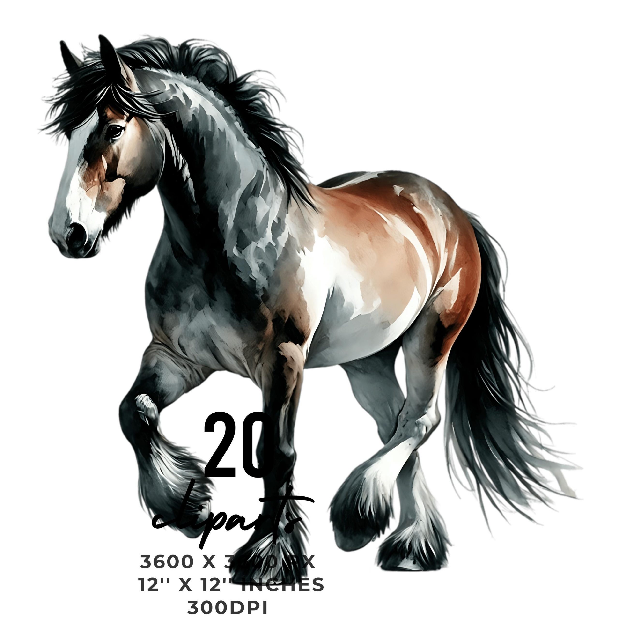 20 Grade Horse PNG Clipart, Watercolor Farm Animals for Card Making, Scrapbooking, Junk Journaling, Sublimation Image Commercial Use – Instant Digital Download
