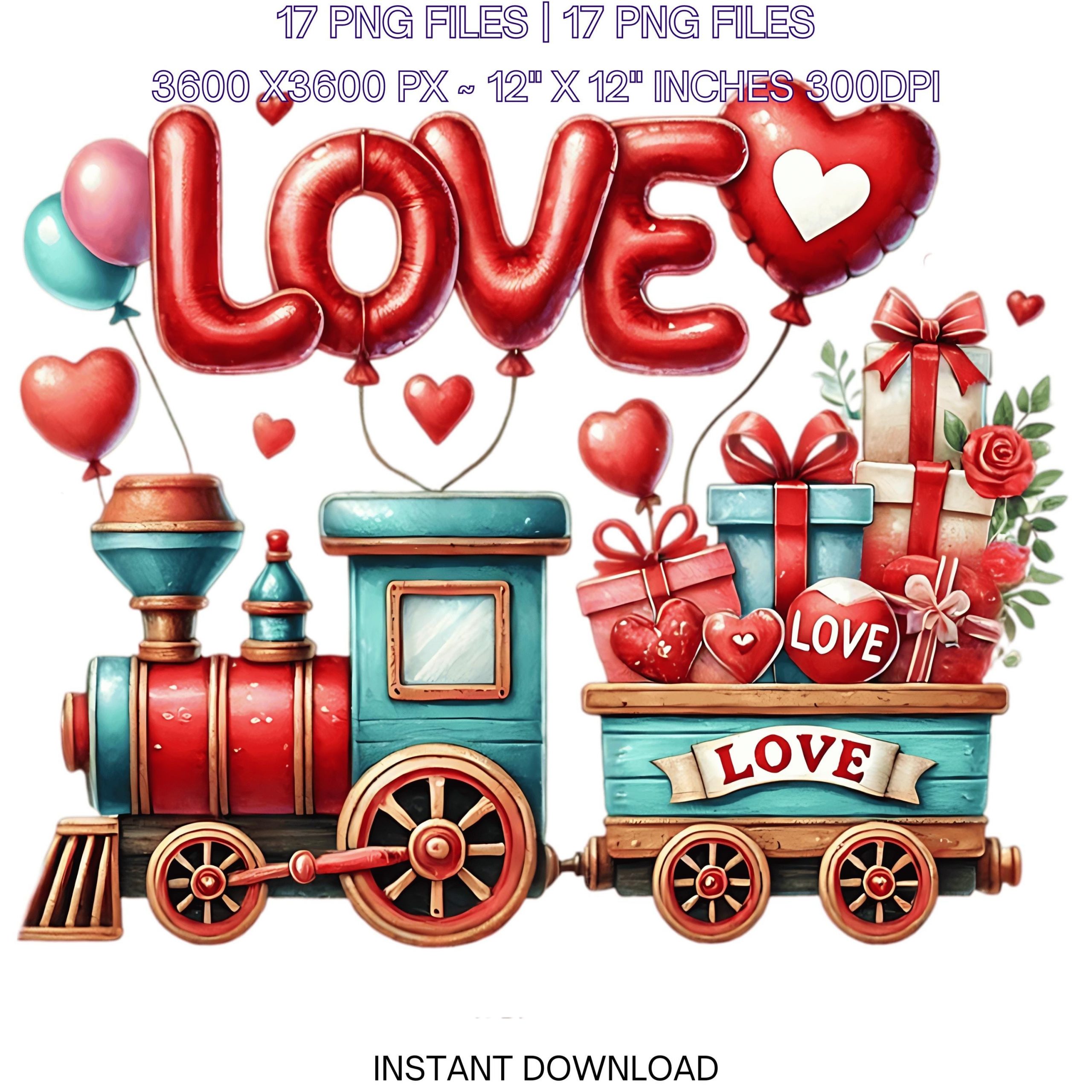 17 Valentine Train PNG Clipart | Watercolor Transportation Tain for Boys and Girls | Travel Vehicle for Valentine’s Day PNG Commercial Use – Instant Digital Download