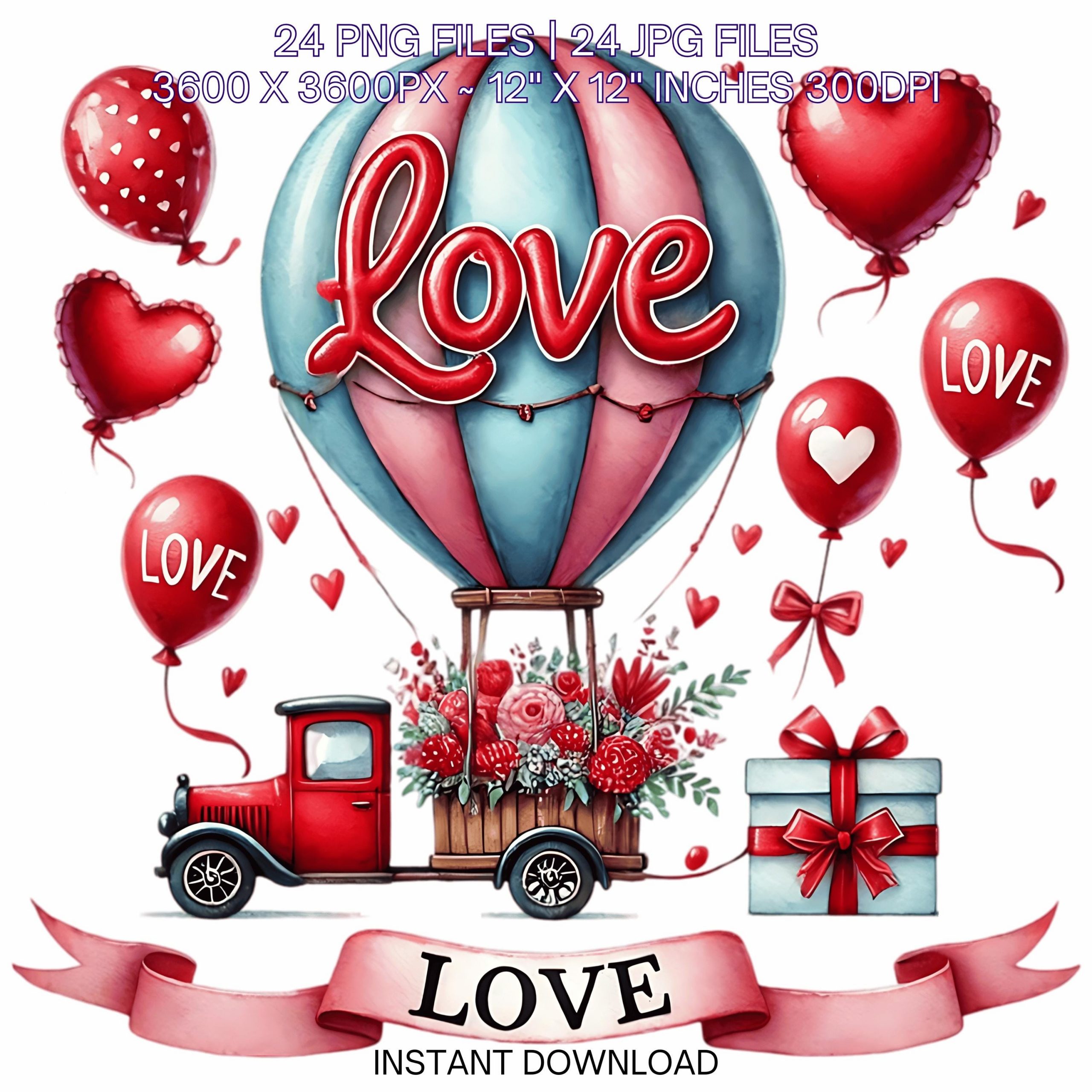 Airballoon Clipart PNG | 24 Valentine Watercolor Airballoon Trip for Boys and Girls | Travel Vehicle for Valentine’s Day PNG Commercial Use – Instant Digital Download