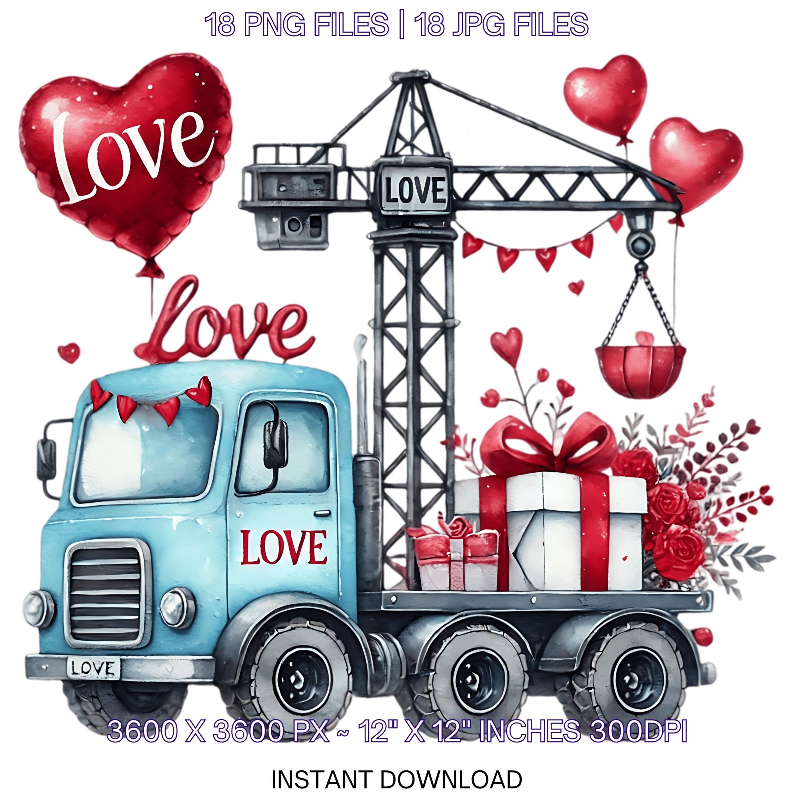 CRANE TRUCK Clipart PNG | 18 Watercolor Valentine Construction Crane Truck for Boys | Love Crane Truck Vehicle Cars Png Commercial Use – Instant Digital Download