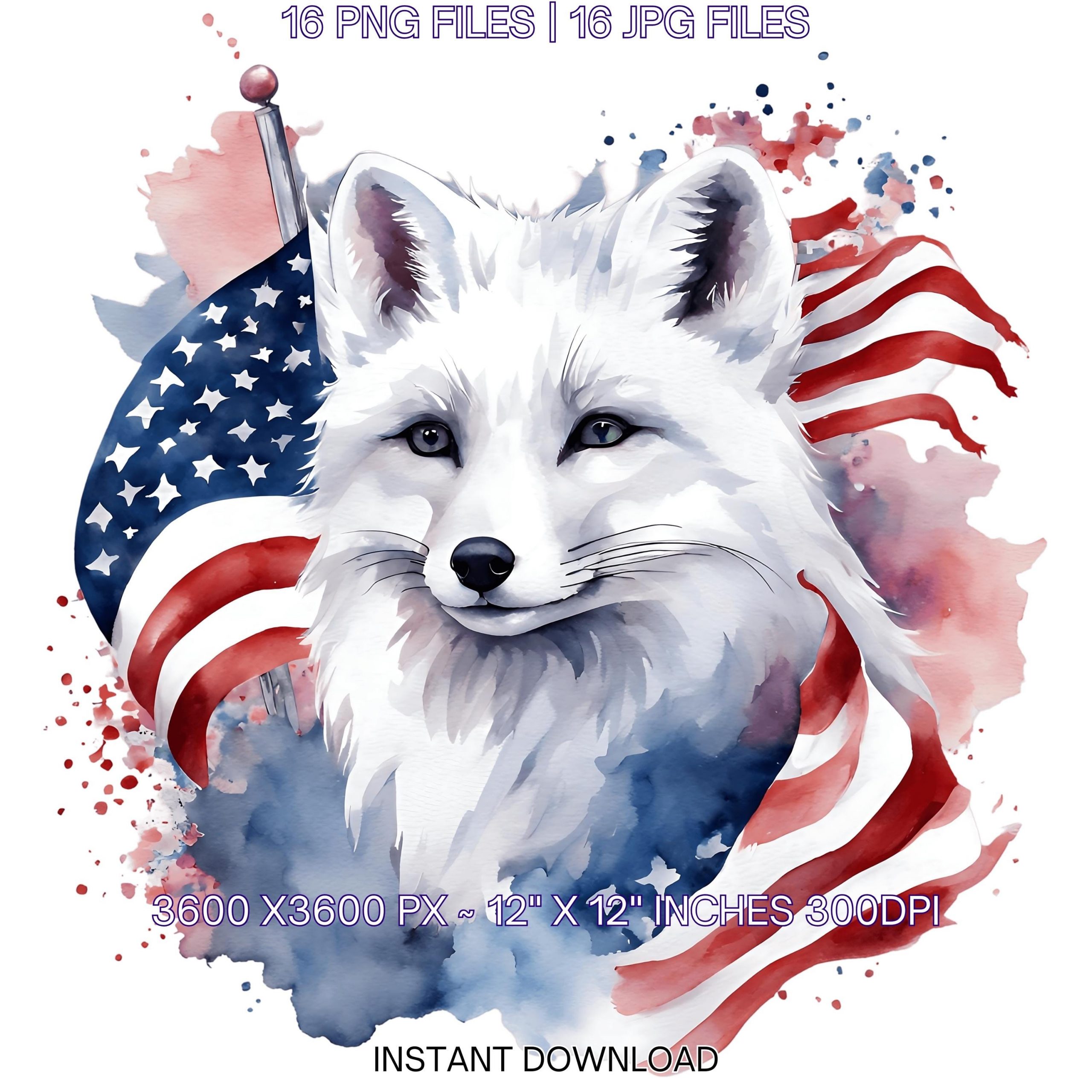 White FOX Flag PNG | 16 Patriotic USA Arctic Fox Flag Clipart | Wildland Fox Transparent | United States Fox Flag Sublimation Commercial Use – Instant Digital Download