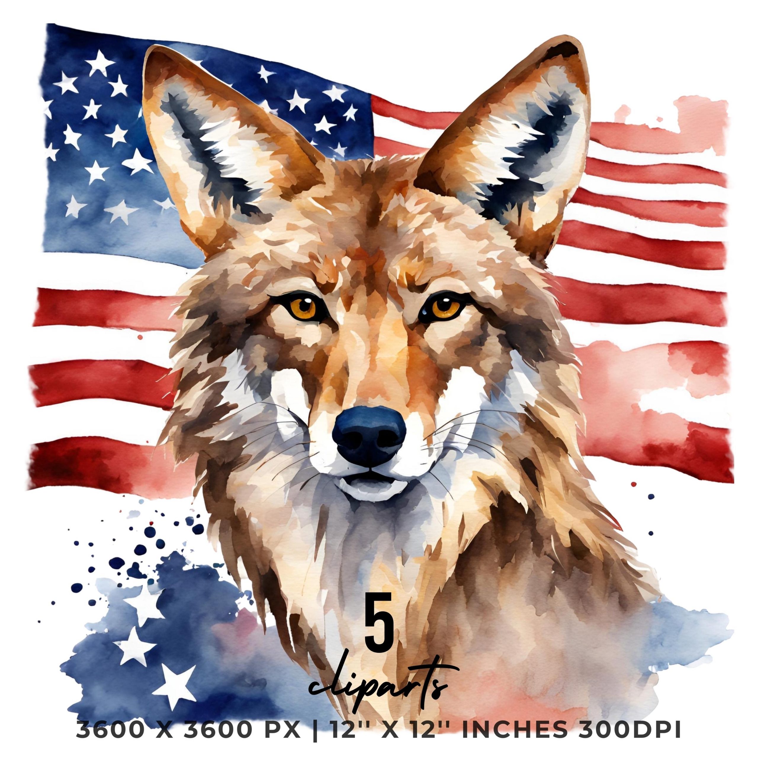 Watercolor COYOTE Flag PNG | 5 Patriotic USA Coyote Flag Clipart | United States Coyote Flag Sublimation Transparent Commercial Use – Instant Digital Download