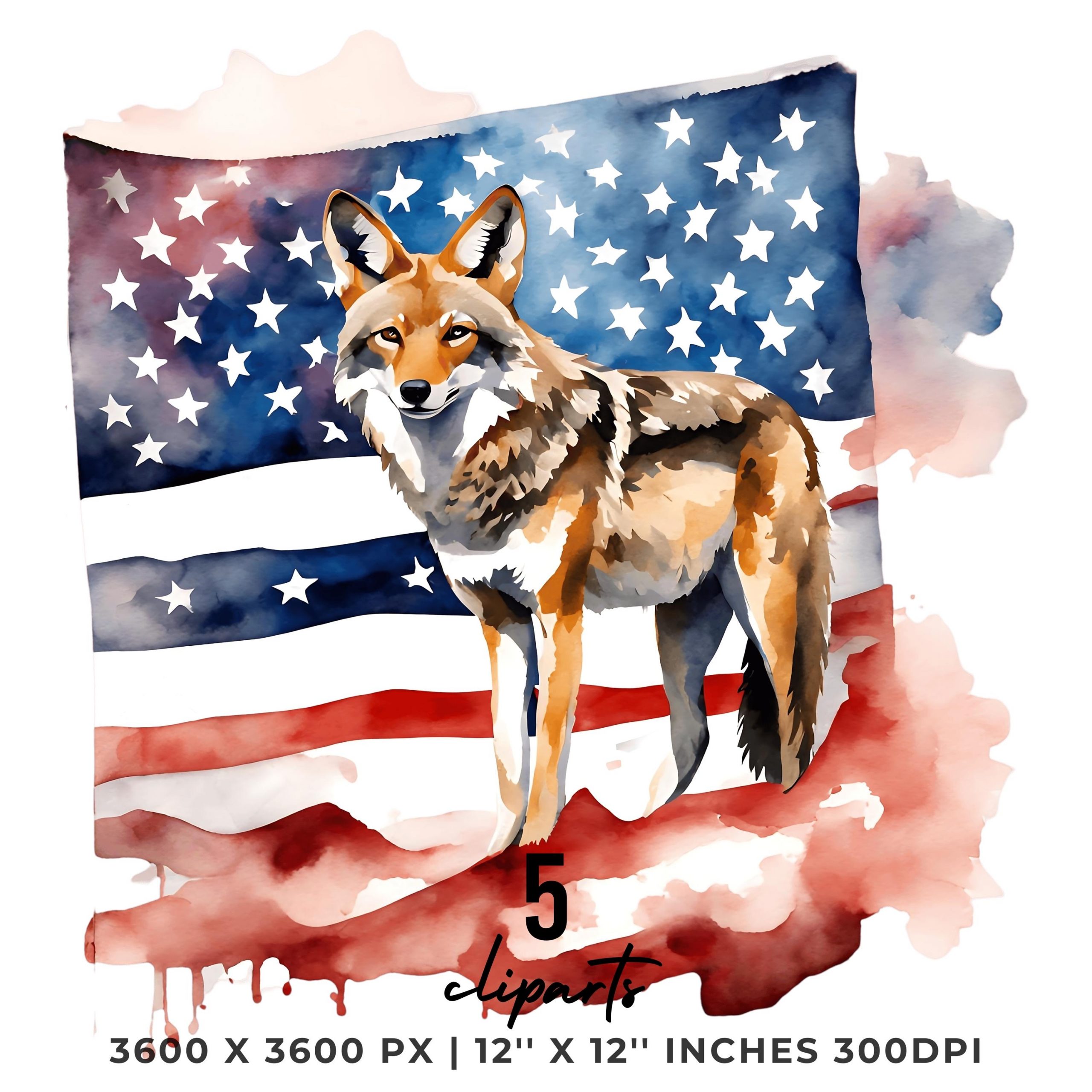 COYOTE Flag PNG | 5 Patriotic USA Coyote Flag Clipart | Watercolor United States Coyote Flag Sublimation Transparent Commercial Use – Instant Digital Download