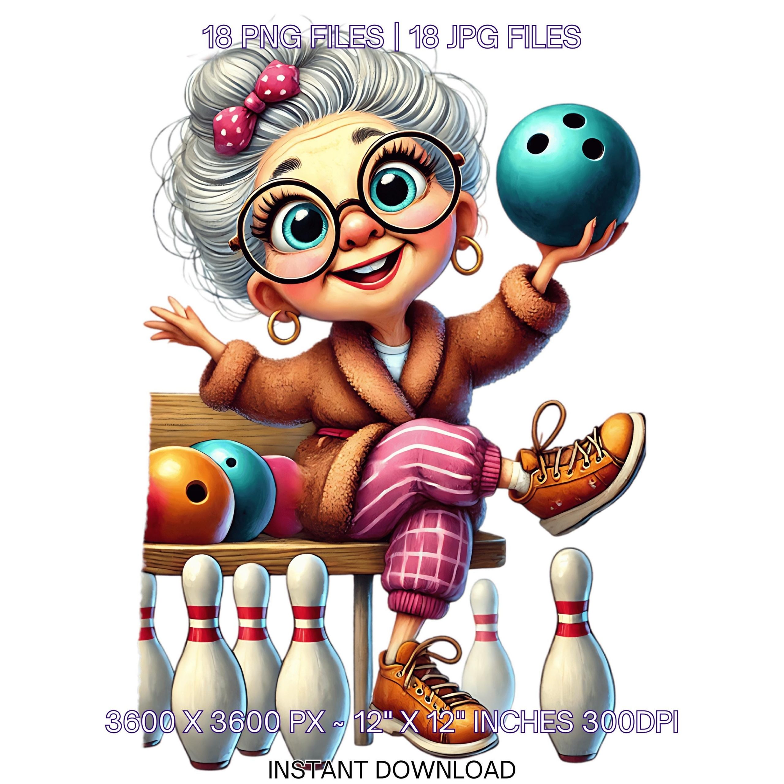 18 Crazy Elegant Grandma Bowling Day PNG Clipart | Funny Old Lady Cartoon | Bowling Ball, Happy Elder White Woman Sublimation Commercial Use – Instant Digital Download