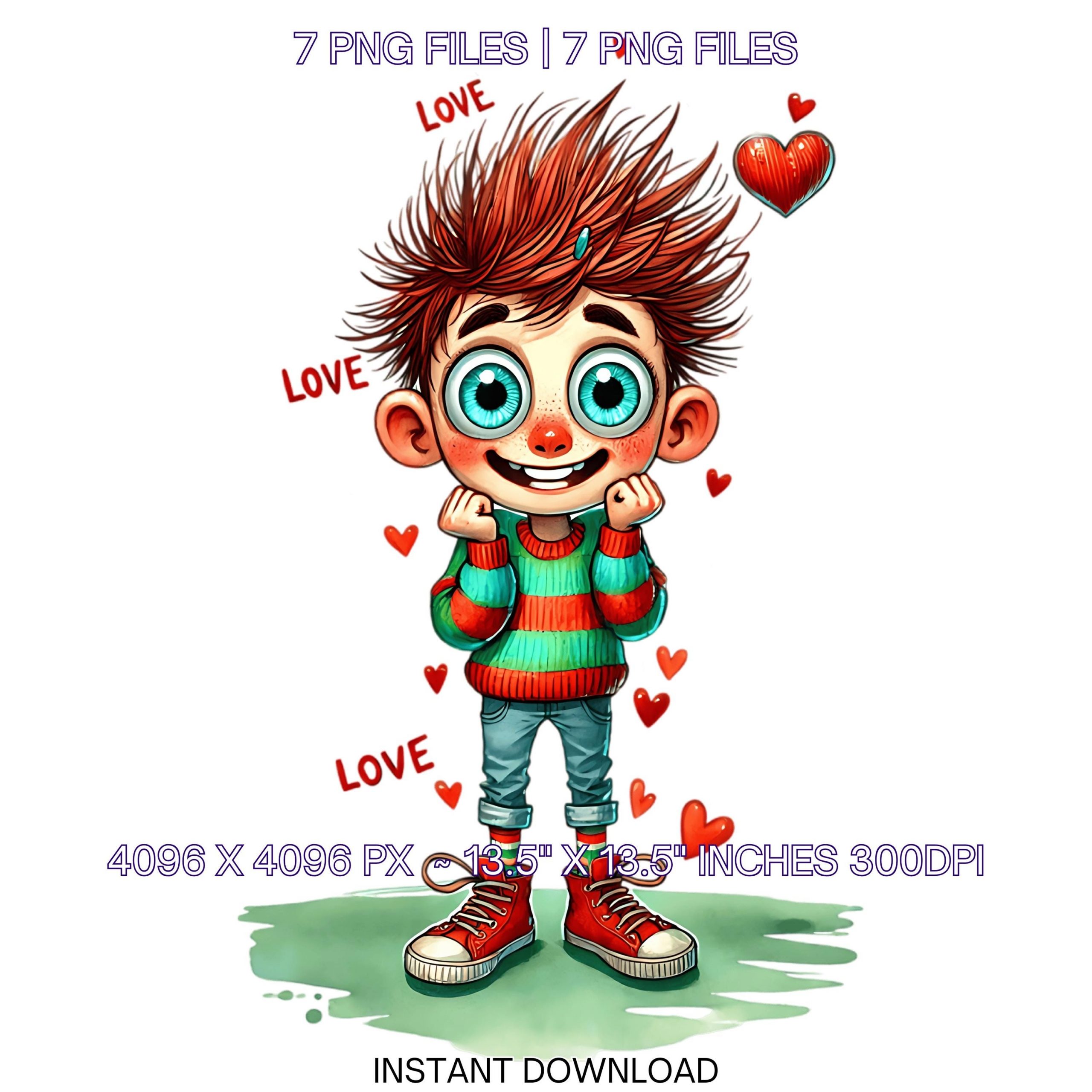 7 Frazzled Boy in Love Clipart PNG | Happy Valentine’s Day Boy Watercolor Sublimation, Junk Journaling Quirky Fantasy, Whimsical, Commercial – Instant Digital Download