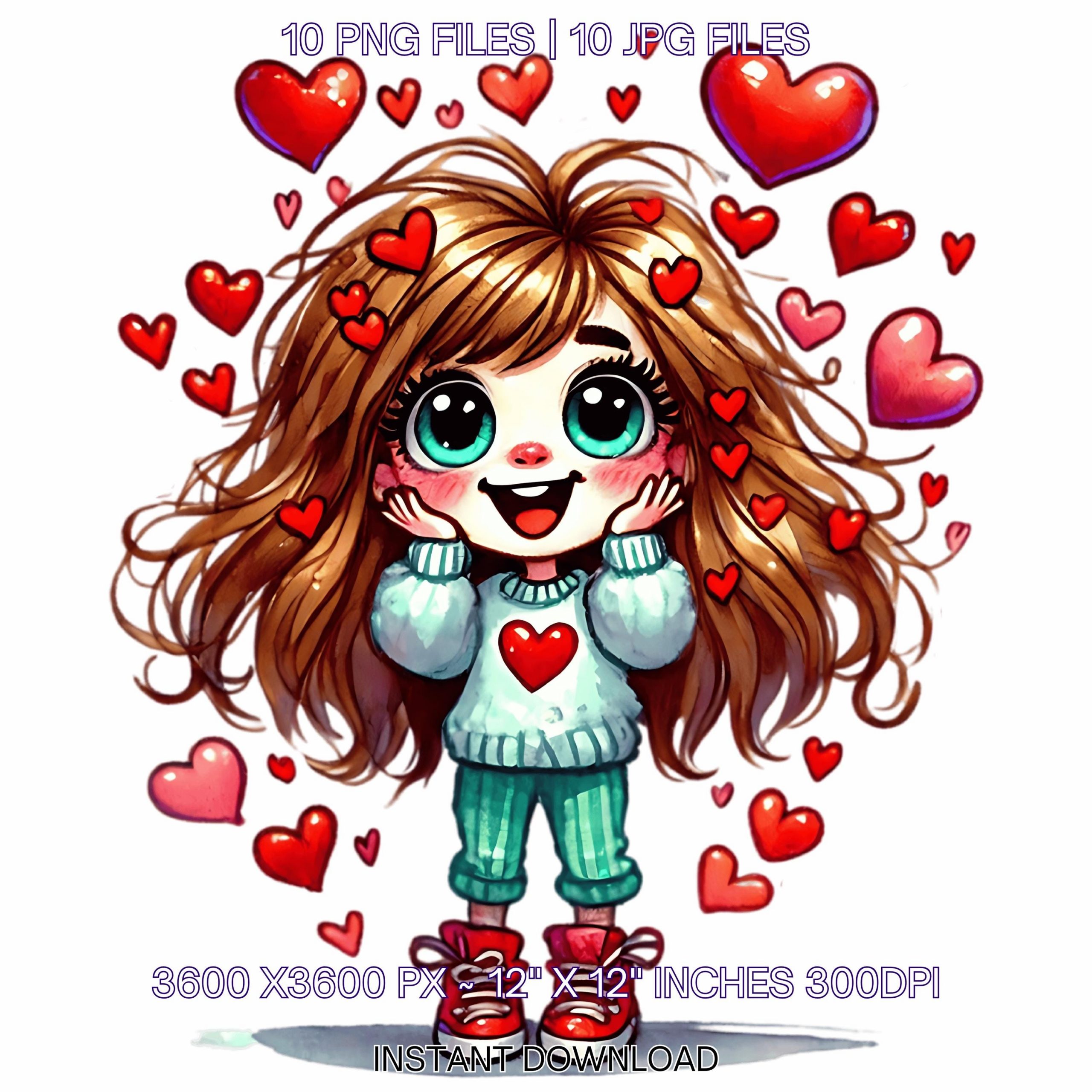 10 Frazzled Girl in Love Clipart PNG, Happy Valentine’s Day Watercolor Sublimation, Junk Journal, Fantasy Whimsical Quirky Commercial – Instant Digital Download
