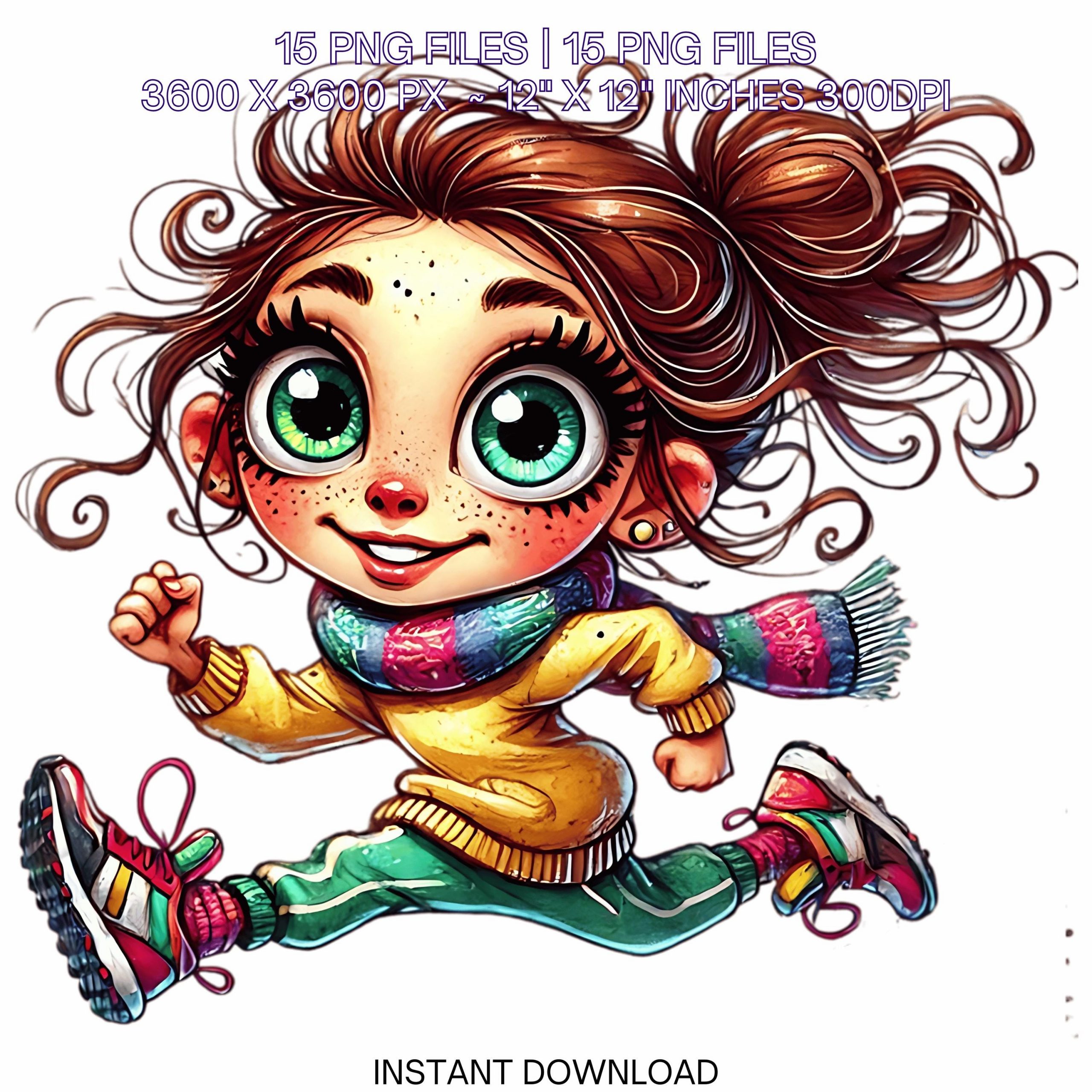 15 Crazy Quirky Girl Running Day PNG Clipart | Funny Running Lady Cartoon | Running Happy Brown Hair Woman Art Sublimation Commercial Use – Instant Digital Download