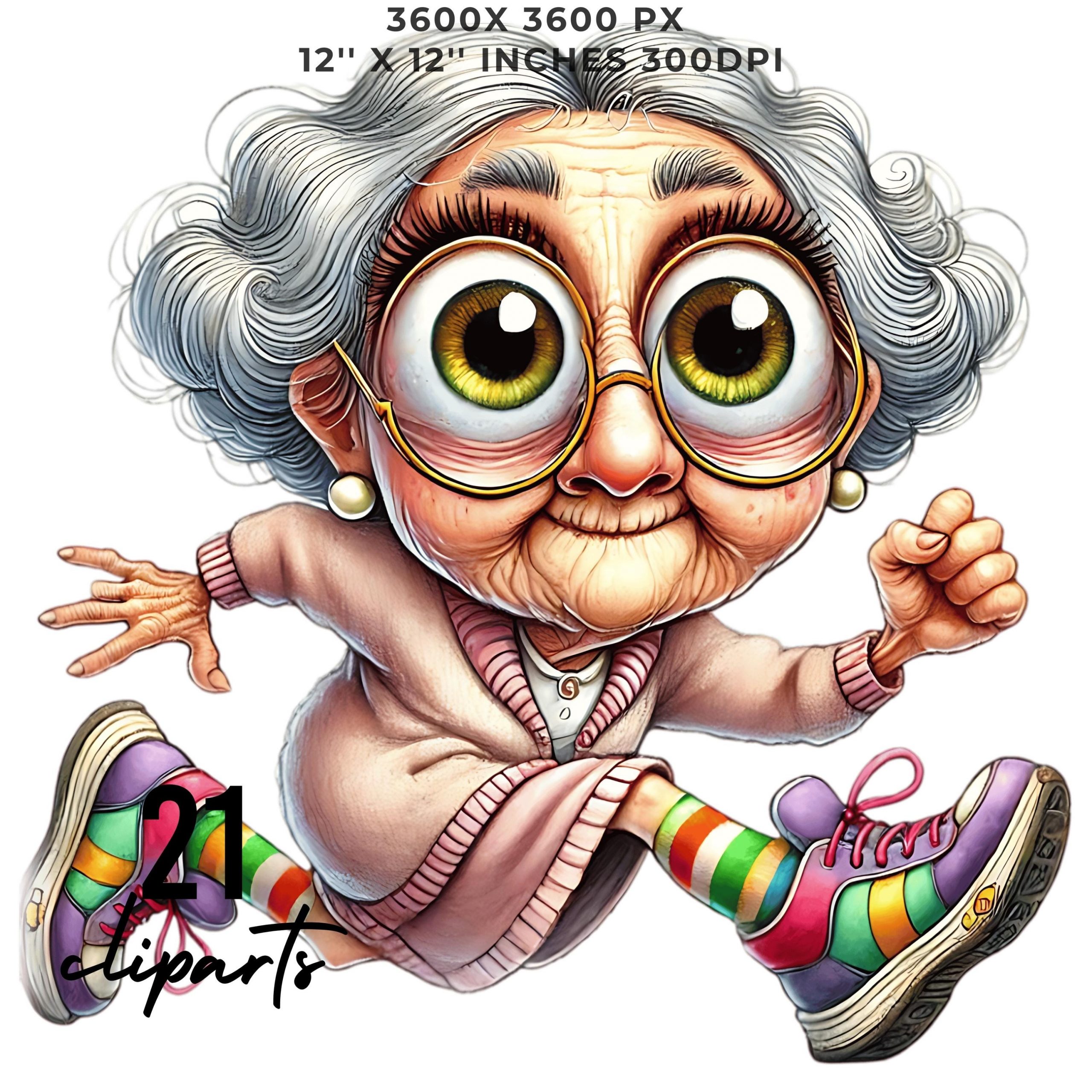 20 Crazy Quirky Grandma Running Day PNG Clipart | Funny Running Old Lady Cartoon | Running Happy Elder Woman Art Sublimation Commercial Use – Instant Digital Download