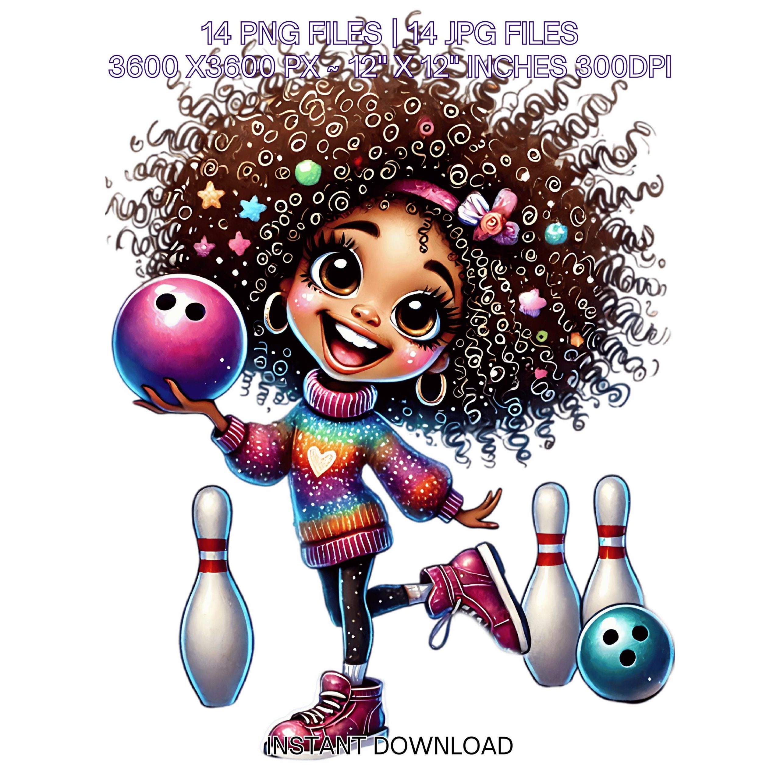 14 Crazy Quirky Black Girl Bowling Day PNG Clipart | Funny Bowling Ball Lady Cartoon | Happy Girl Bowling Art Sublimation Commercial Use – Instant Digital Download