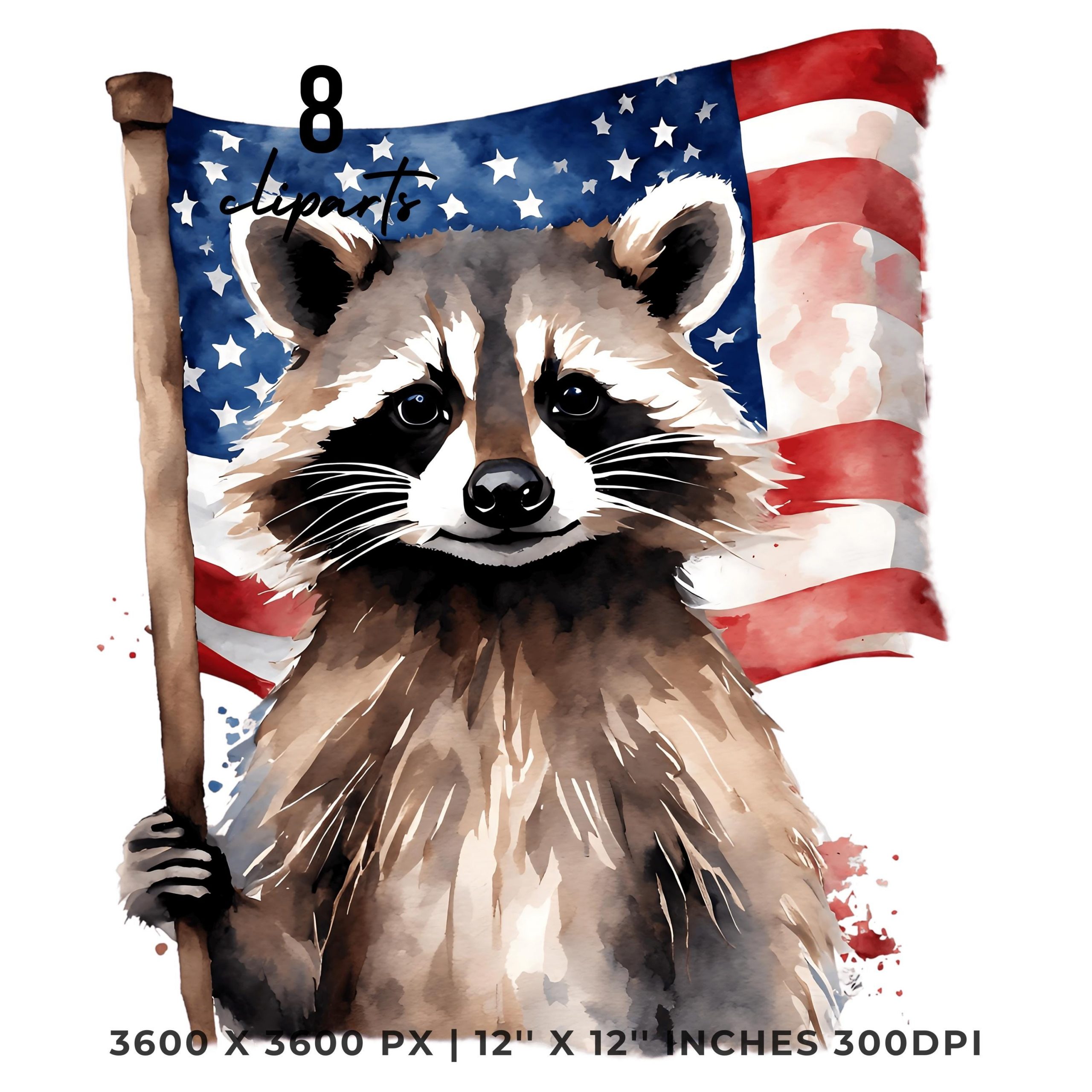Watercolor RACCOON Flag PNG | 8 Patriotic USA Raccoon Flag Clipart | United States Raccoon Flag Sublimation Transparent Commercial Use – Instant Digital Download