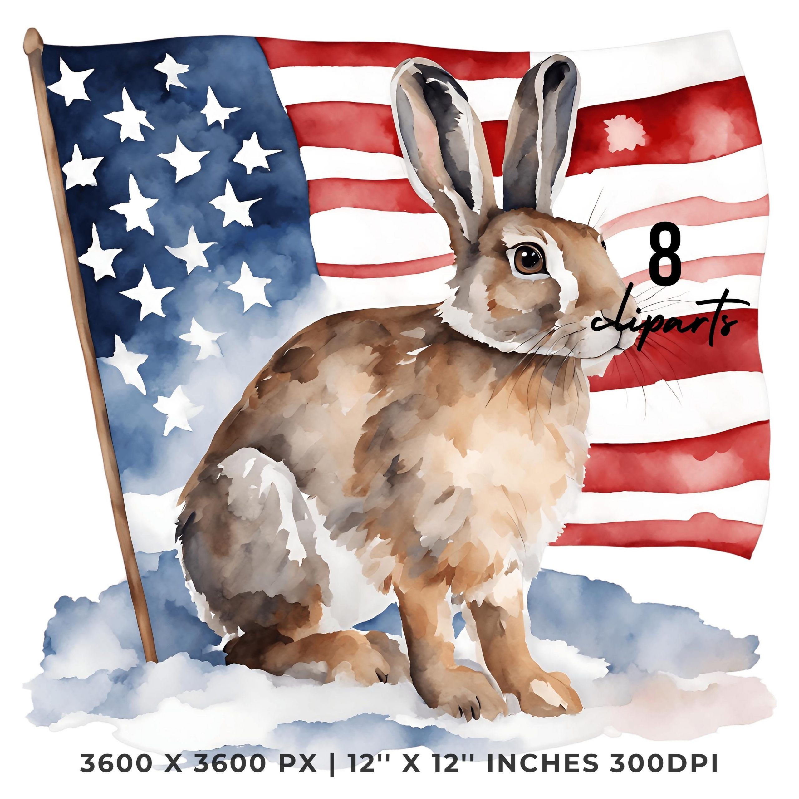 Watercolor SNOWSHOE Hare Flag PNG | 8 Patriotic USA Snowshoe Hare Flag Clipart | United States Snowshoe Hare Flag Sublimation Commercial Use – Instant Digital Download