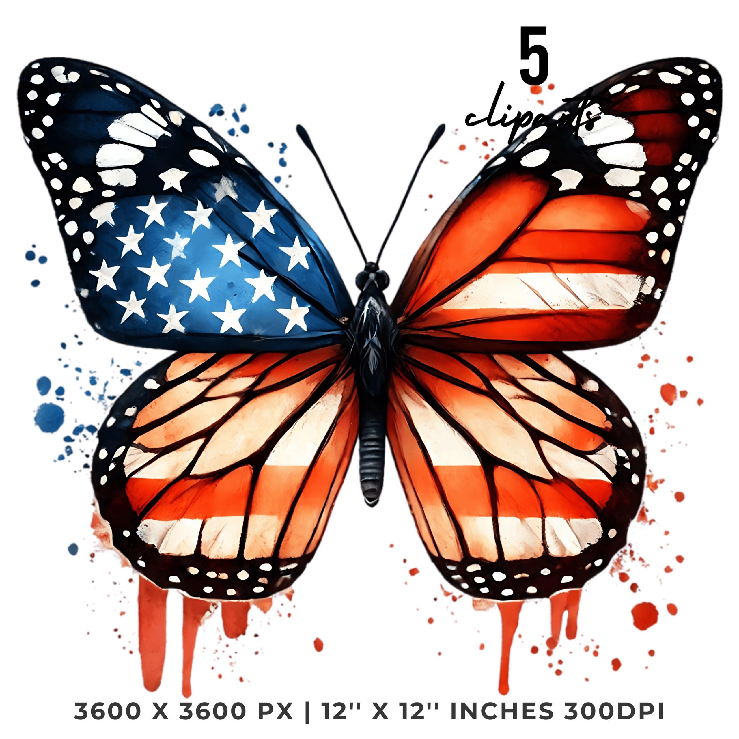 Watercolor Monarch Butterfly Flag PNG | 5 Patriotic Butterfly USA Flag Clipart | United States Monarch Flag Sublimation Commercial Use – Instant Digital Download