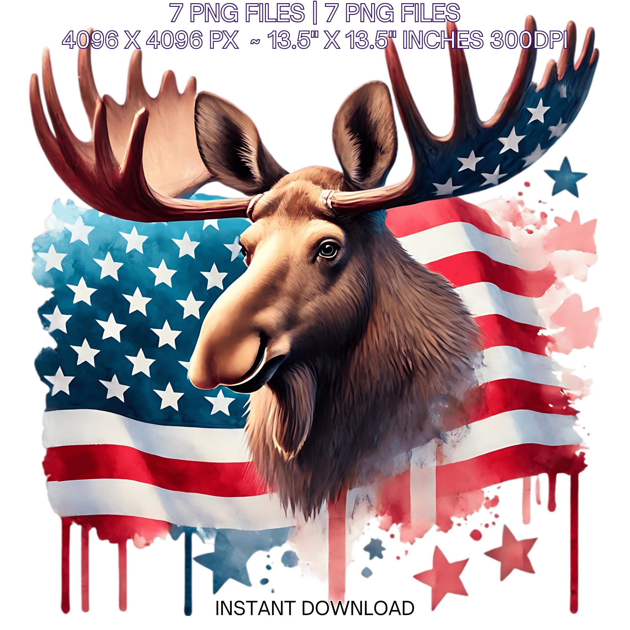 Watercolor MOOSE Flag PNG | 7 Patriotic USA Moose Flag Clipart | United States Moose Flag Sublimation Transparent Commercial Use – Instant Digital Download