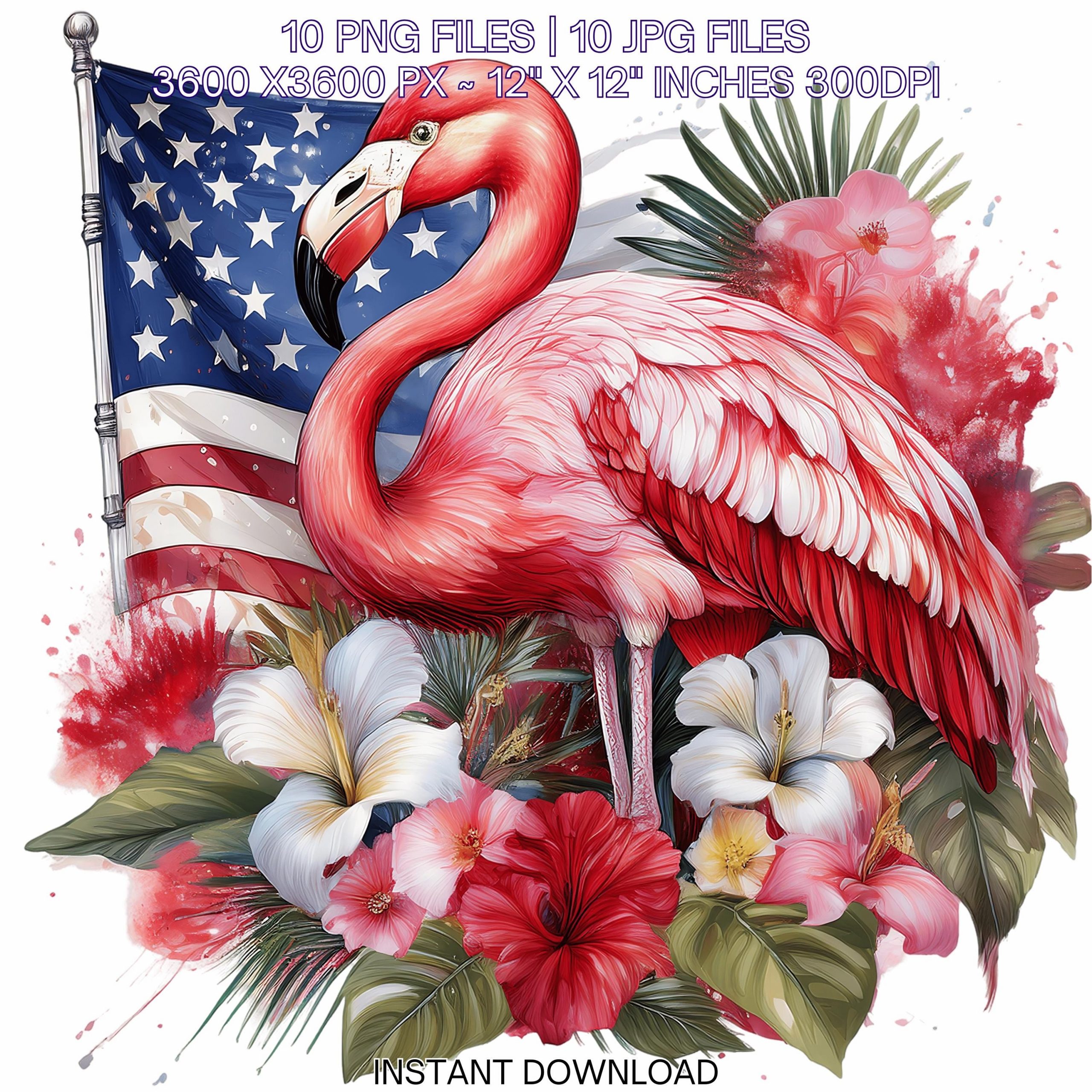Watercolor Flamingo Flag PNG | 10 Patriotic USA Flamingo Flag Clipart | United States Flamingo Flag Sublimation Transparent Commercial Use – Instant Digital Download