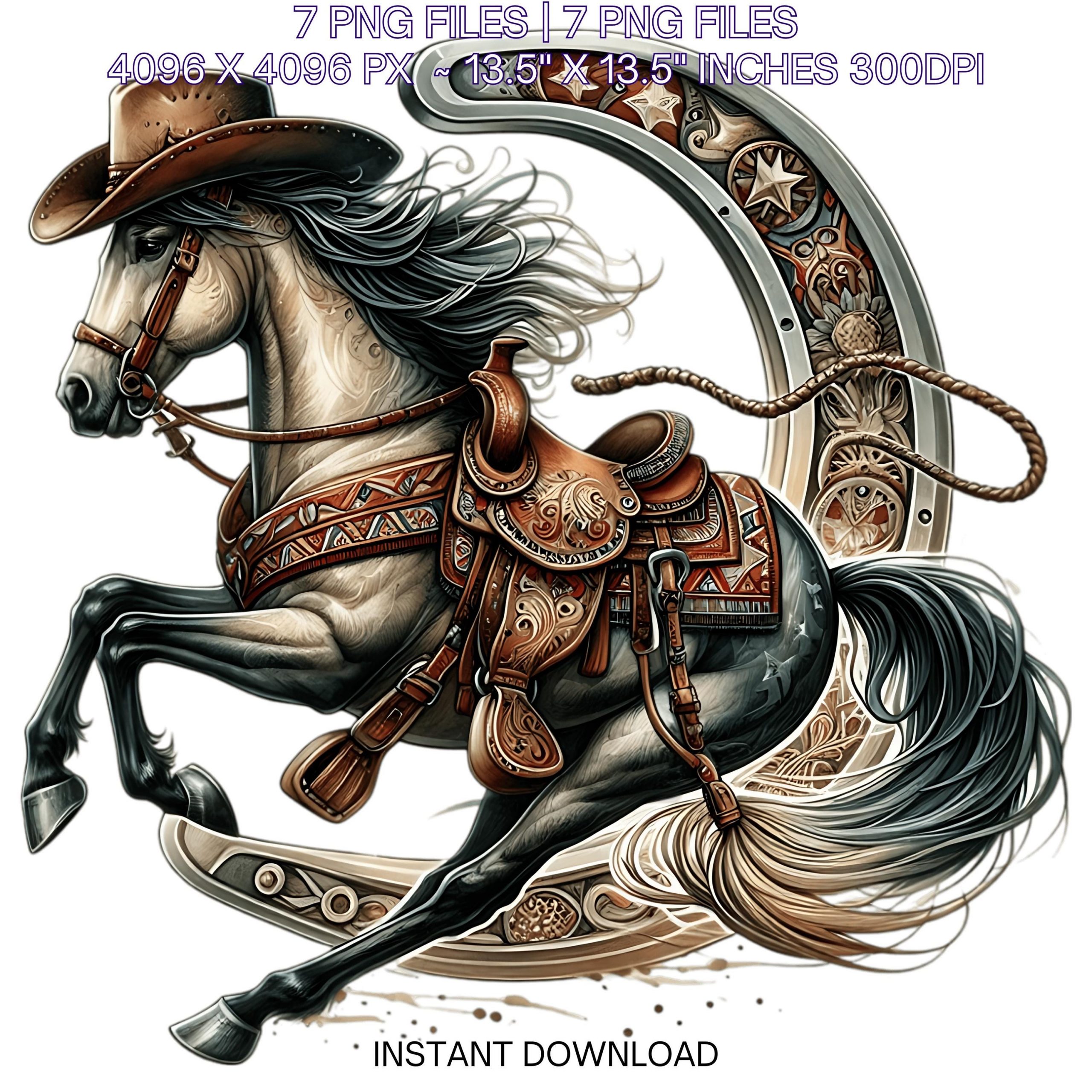 7 Horse-wearing Cowboy Hat, Horse Saddle & Horseshoe Clipart PNG Sublimation | Watercolor Country Cowboy Goods | Country Boy Things – Instant Digital Download