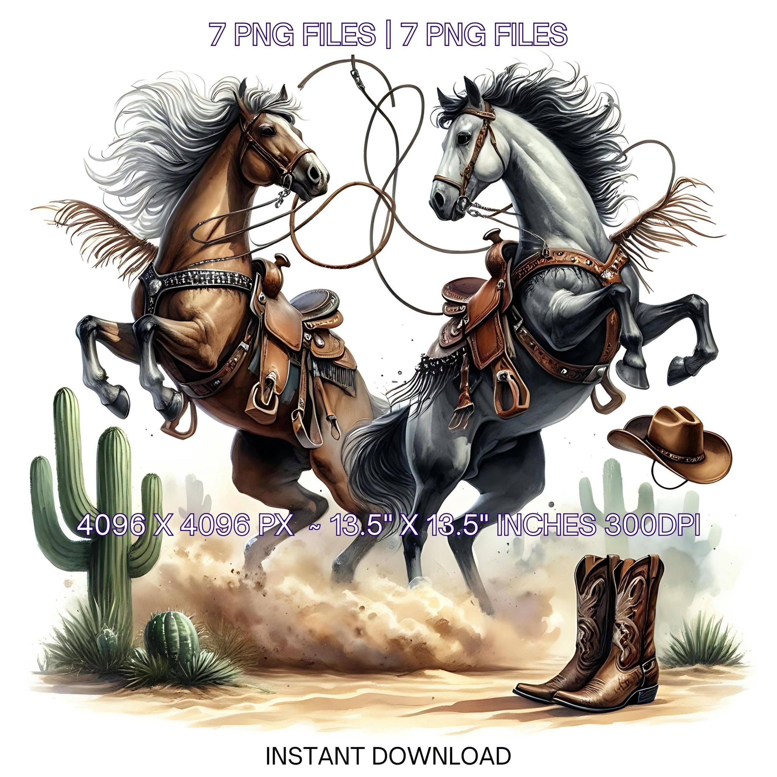 7 Bucking Horses of Cowboy Clipart JPG | Watercolor Western Cowboy Horses Clipart JPG Sublimation Designs | Commercial Use – Instant Digital Download