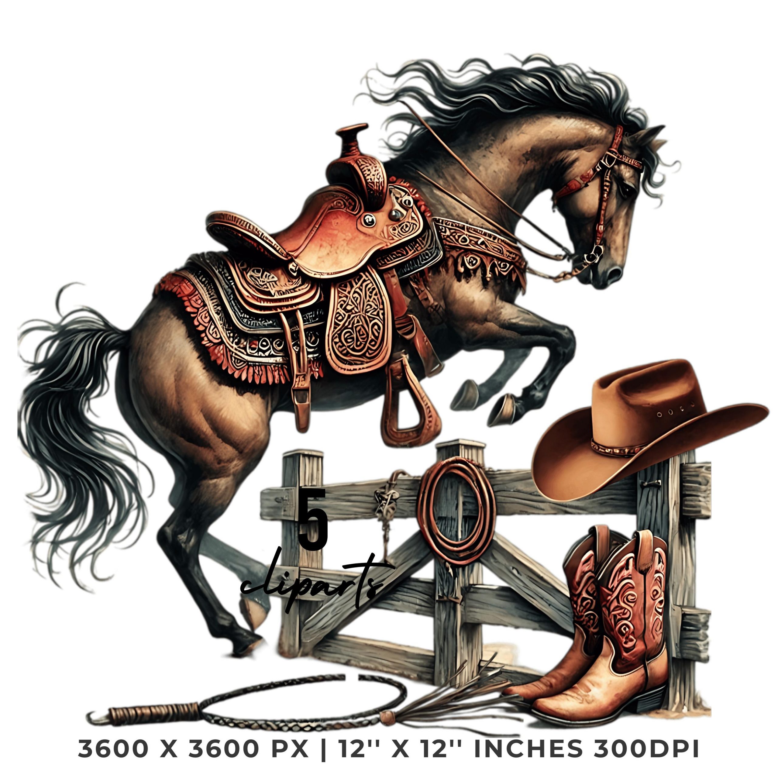 5 Western Horse with Saddle & Cowboy Hat Hanging on the Fence Clipart PNG Sublimation | Watercolor Country Cowboy Goods | Country Boy Things – Instant Digital Download