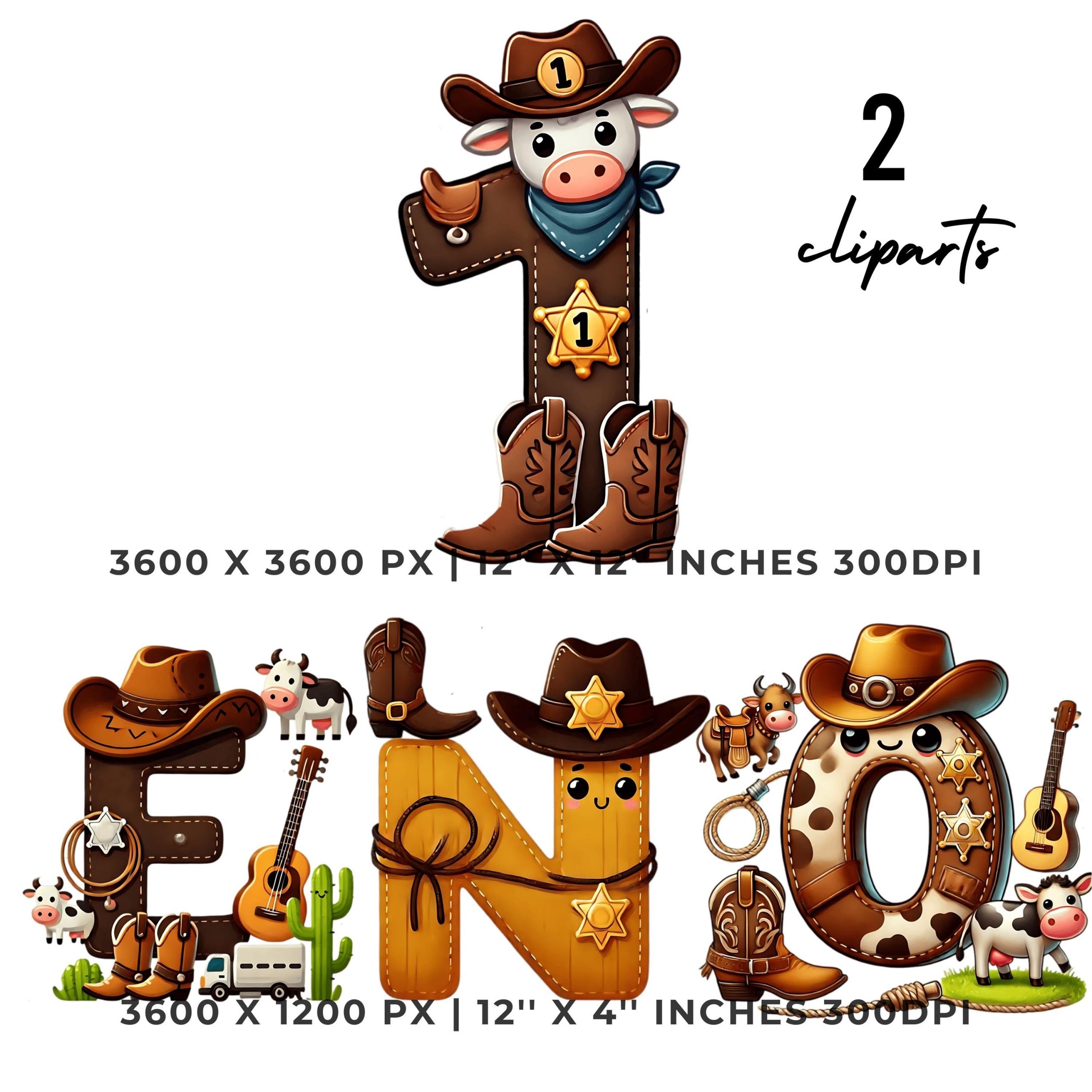 Western Cowboy ONE Birthday Clipart | 1st Rodeo Party PNG | Number One & Word ONE Western Style | for Sublimation | Commercial Use – Instant Digital Download