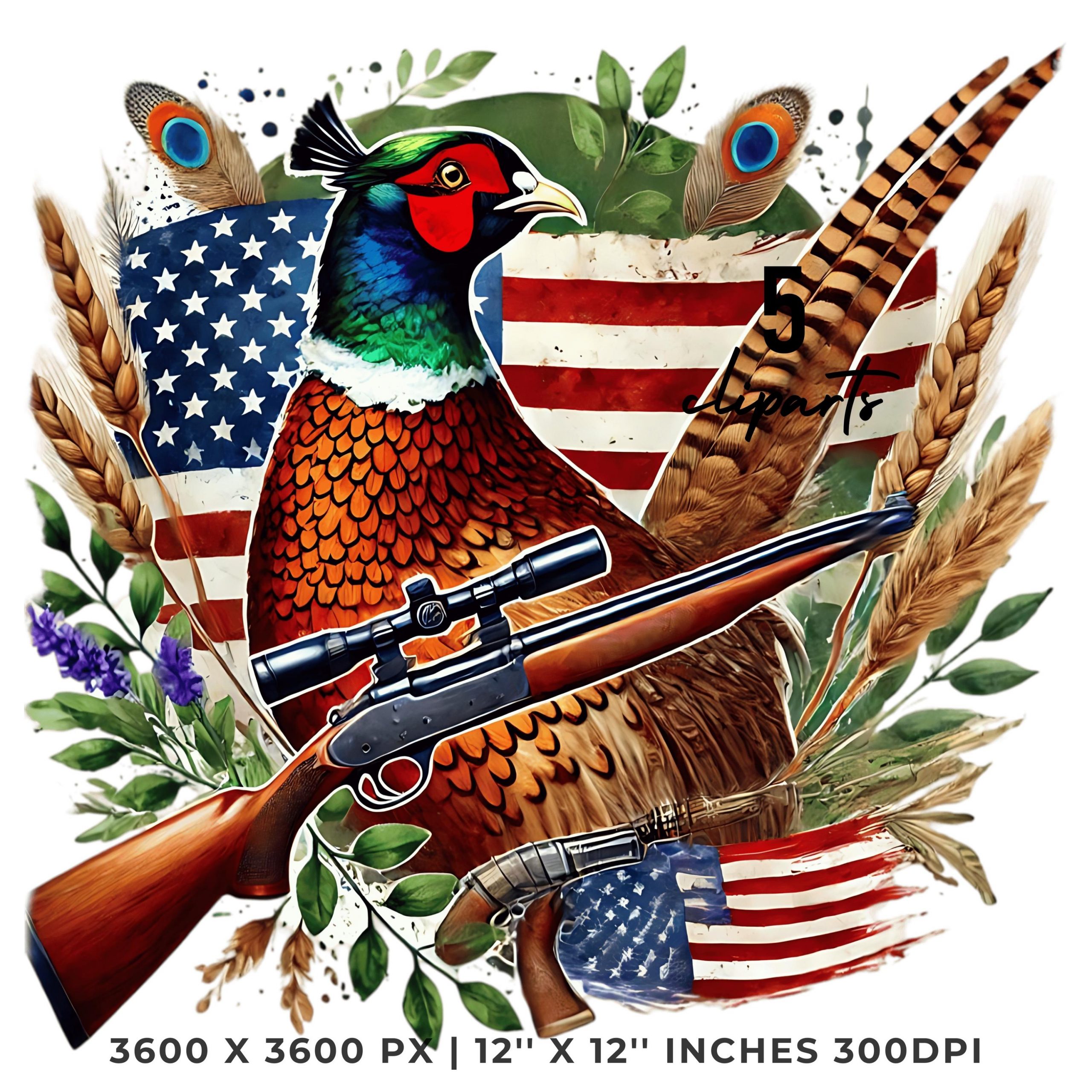 Watercolor Pheasant Flag PNG | 5 Patriotic USA Flag Pheasant Hunting Clipart | United States Flag Pheasant Sublimation Commercial Use – Instant Digital Download