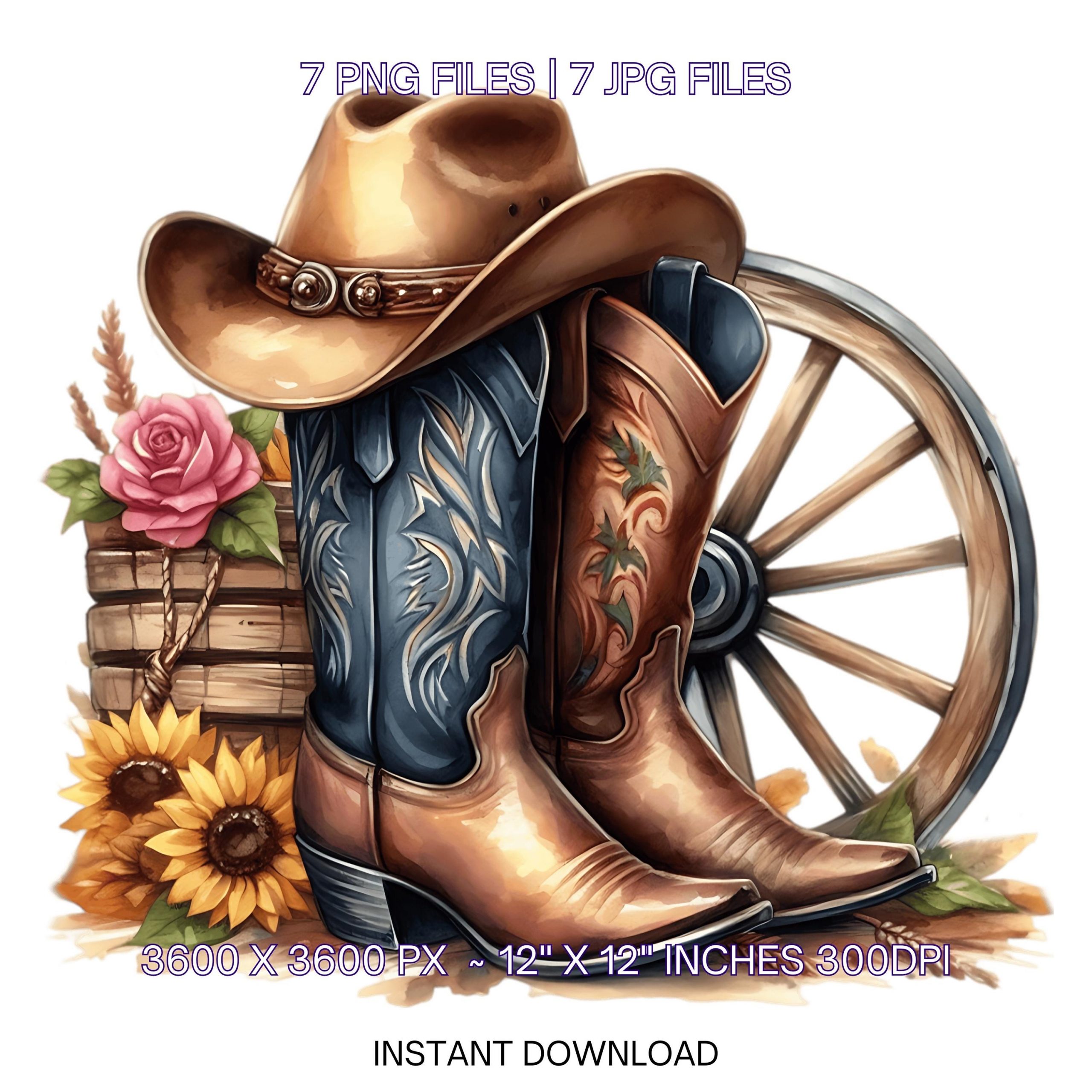 Watercolor Cowboy Boots Hat Old Wagon Wheel | 7 Country Cowboy Clipart Sublimation Designs | Country Boy Illustration PNG Commercial use – Instant Digital Download