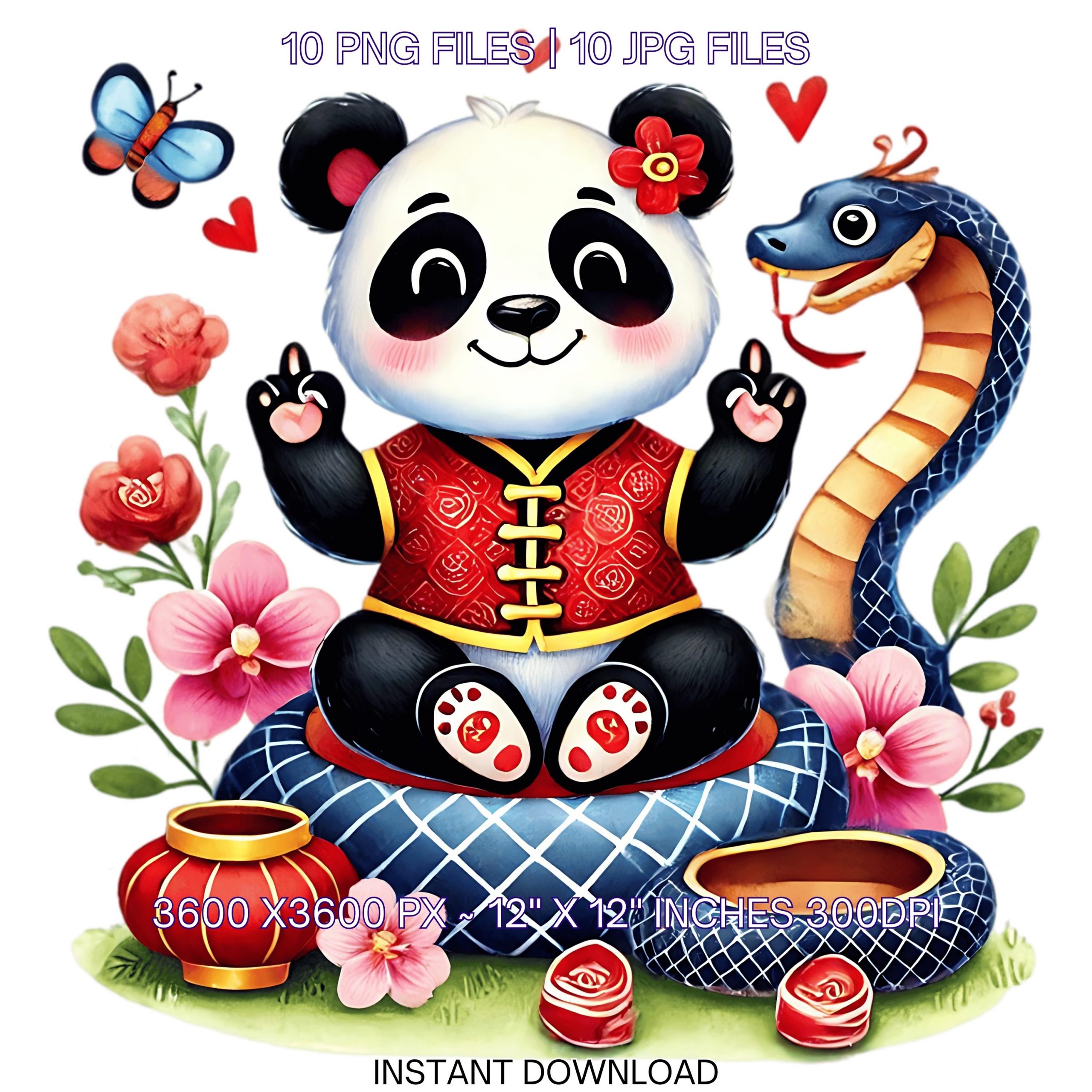 10 Yoga Panda PNG Clipart for Chinese New Year | Watercolor Panda Art | Year of the Snake Sublimation | 10 JPG & 10 PNG | Commercial Use – Instant Digital Download