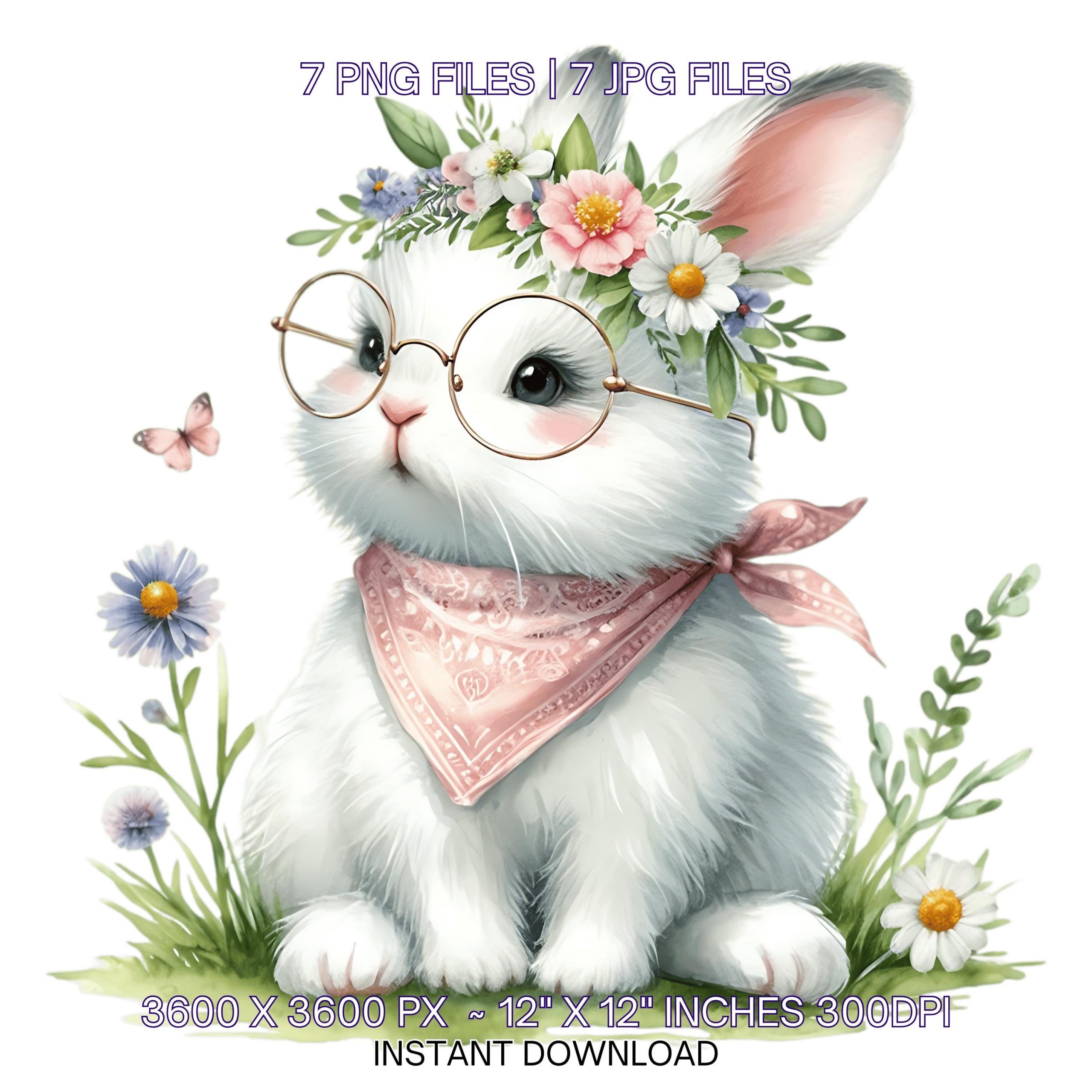 7 Cute Little Rabbit Wearing Pink Glasses, Pink Bandana & Spring Wildflowers Headband Watercolor Clipart PNG | Funny Bunny | Commercial Use – Instant Digital Download