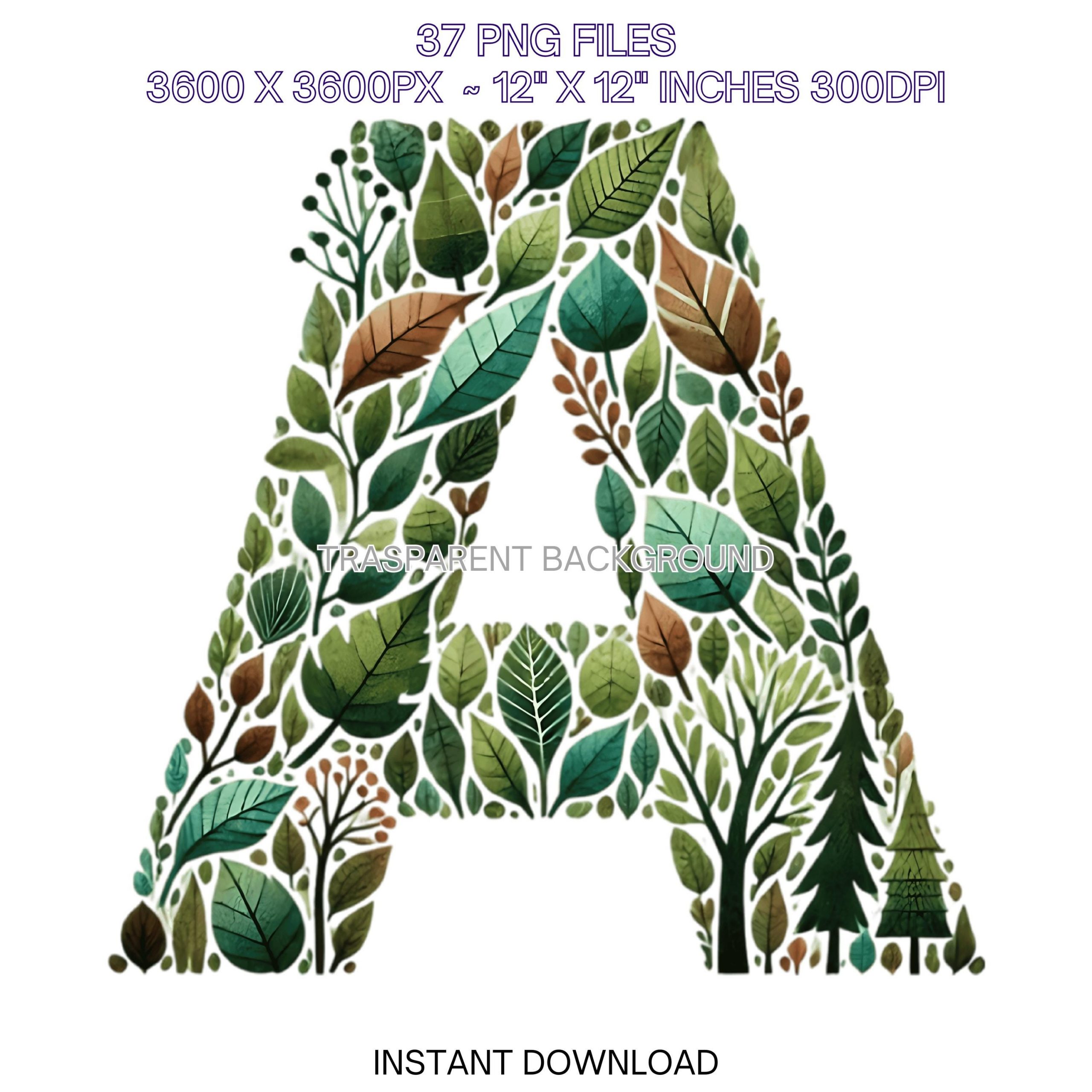 Watercolor Green Woodland Alphabet PNG | 37 TREE Leaves Letters, Numbers for Invitation Cards Clipart | Full English Alphabet Commercial Use – Instant Digital Download