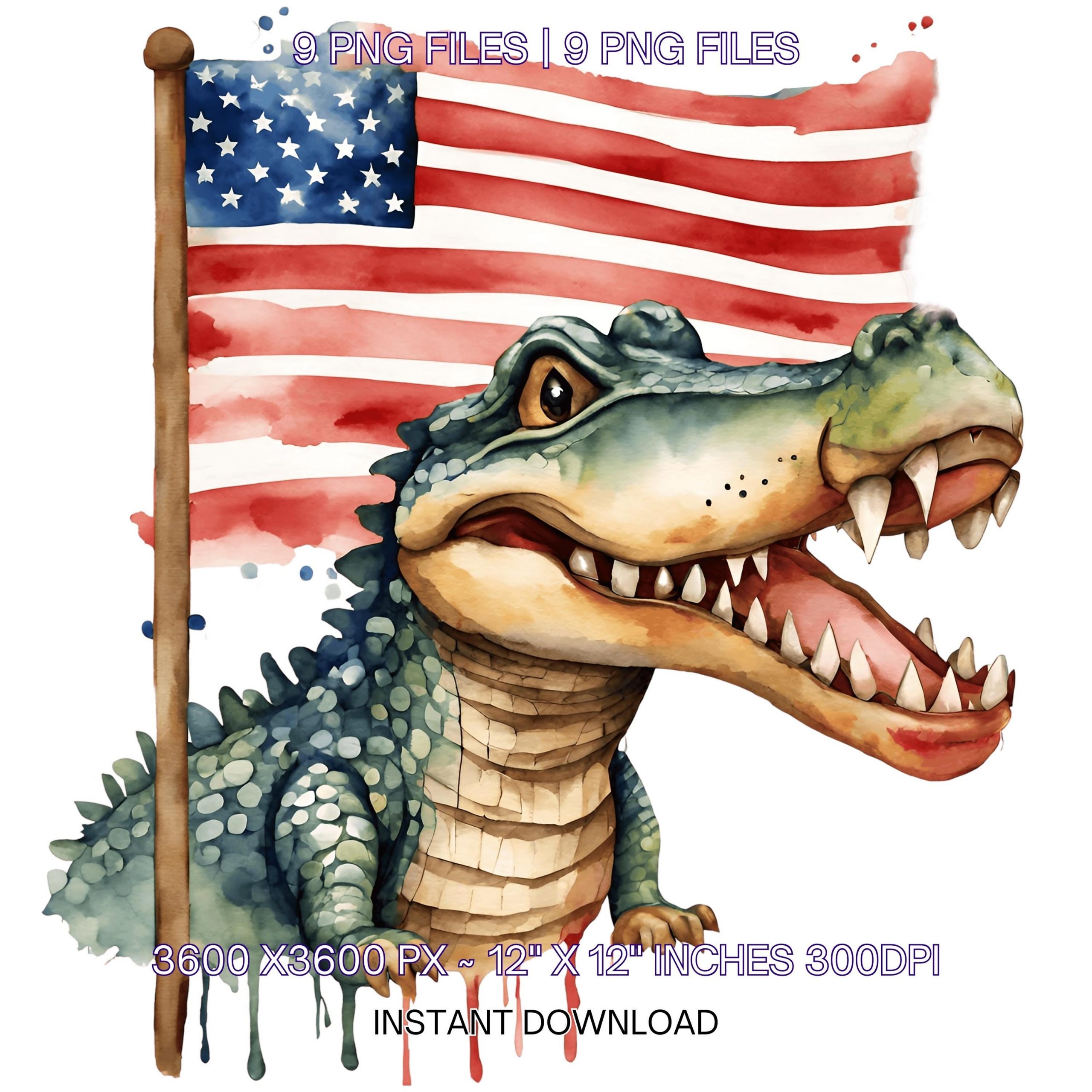 Watercolor ALLIGATOR Flag PNG Clip Art | 9 Patriotic USA Alligator Flag Clipart | United States Alligator Flag Sublimation Commercial Use – Instant Digital Download