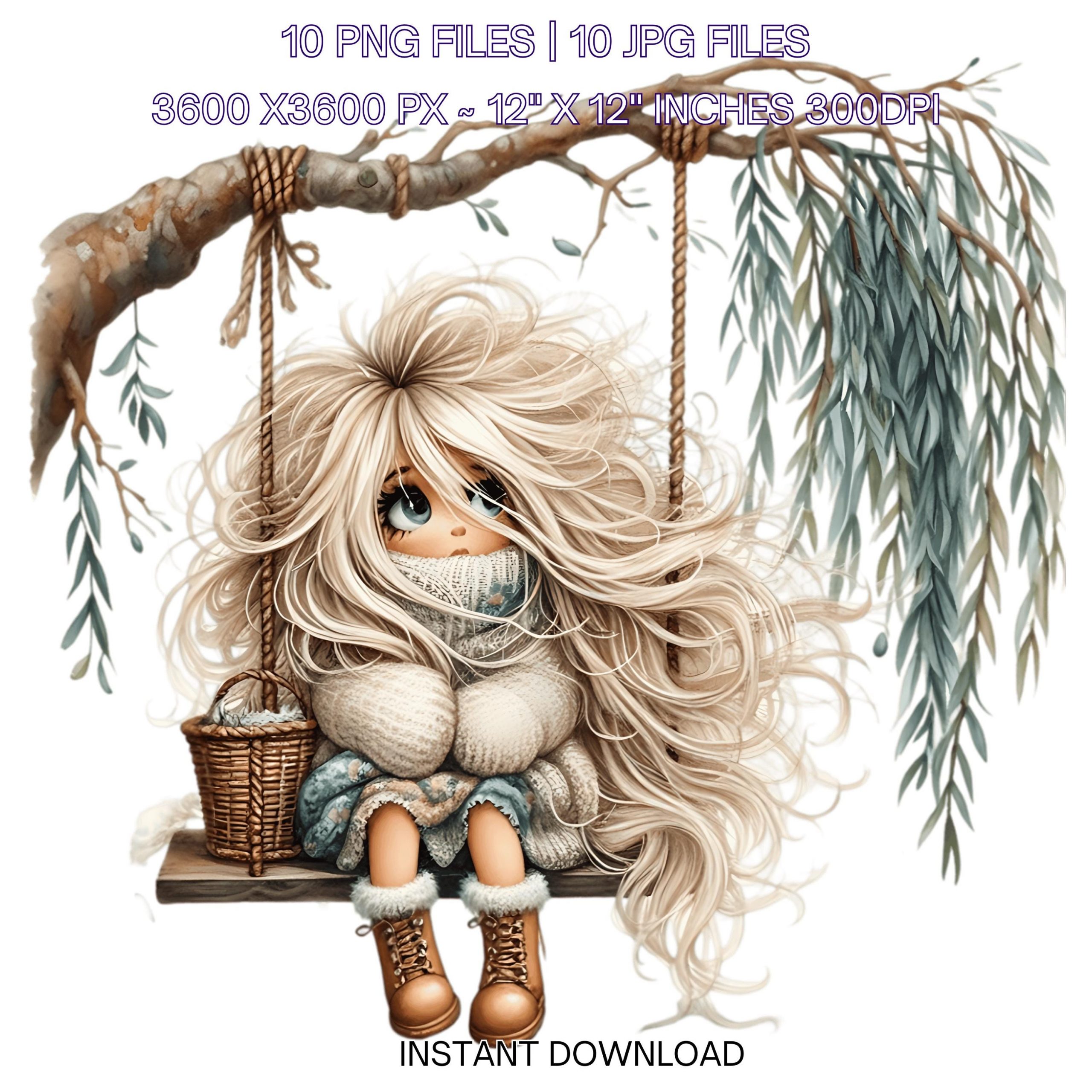 10 Blonde Girl Swinging Under Whimsical Willow Tree Clipart PNG Watercolor for Sublimation, Junk Journaling, Scrapbooking | Commercial Use – Instant Digital Download