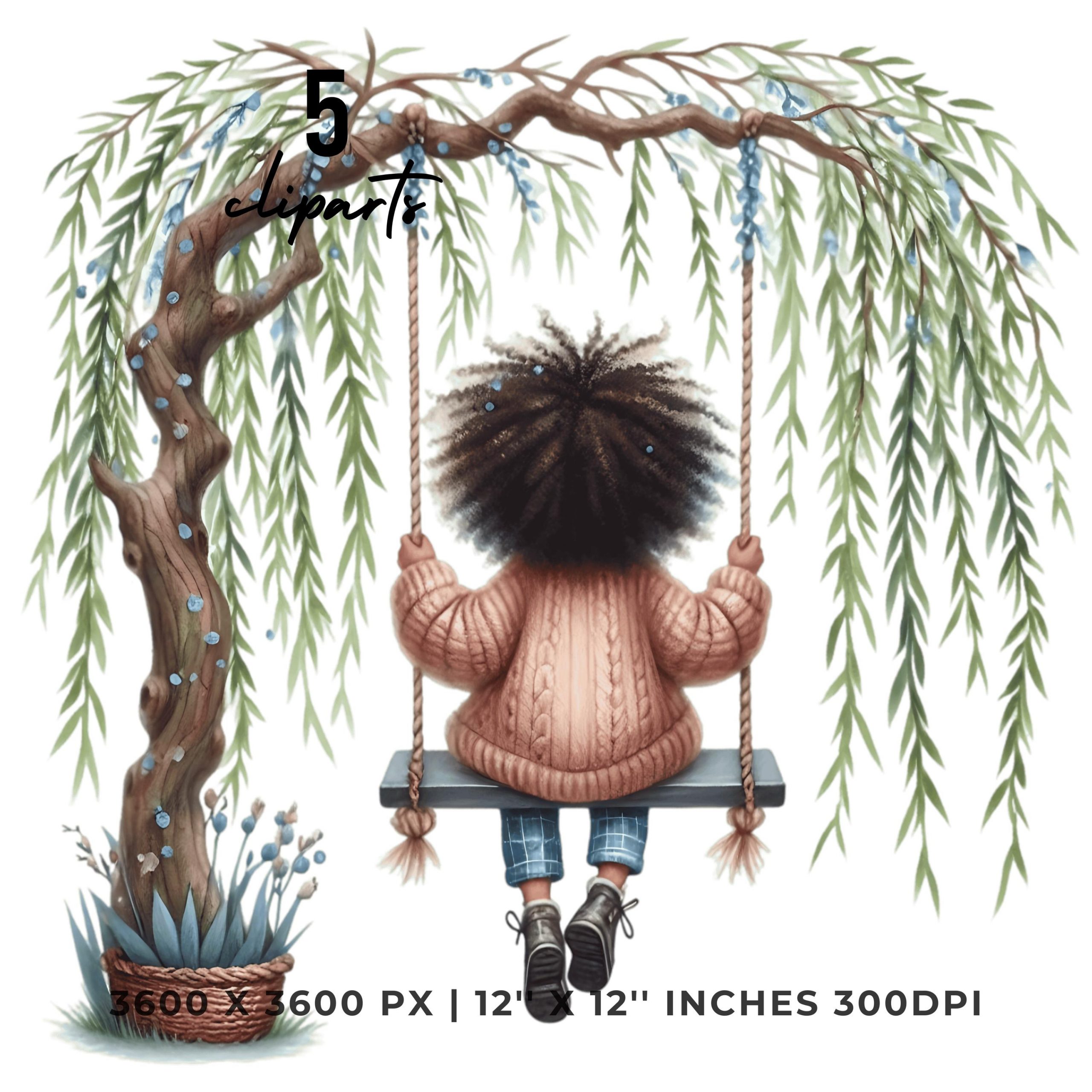 5 Black Girl Swinging Under Whimsical Willow Tree Clipart PNG Watercolor for Sublimation, Junk Journaling, Scrapbooking | Commercial Use – Instant Digital Download